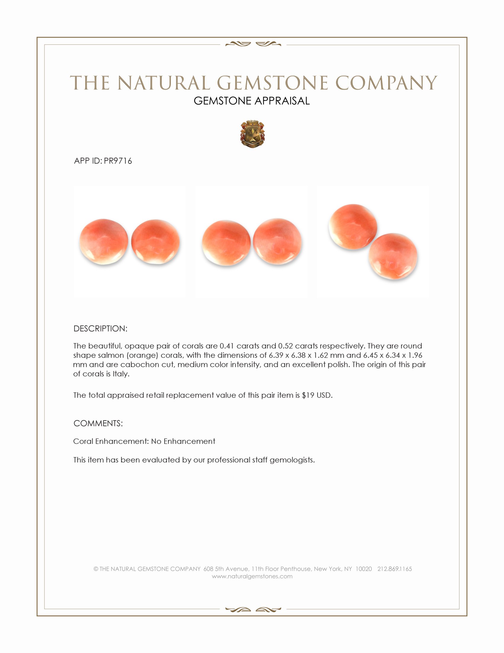 0.93 Ct.Tw. Salmon (Orange) Cabochon Coral Pair from Italy