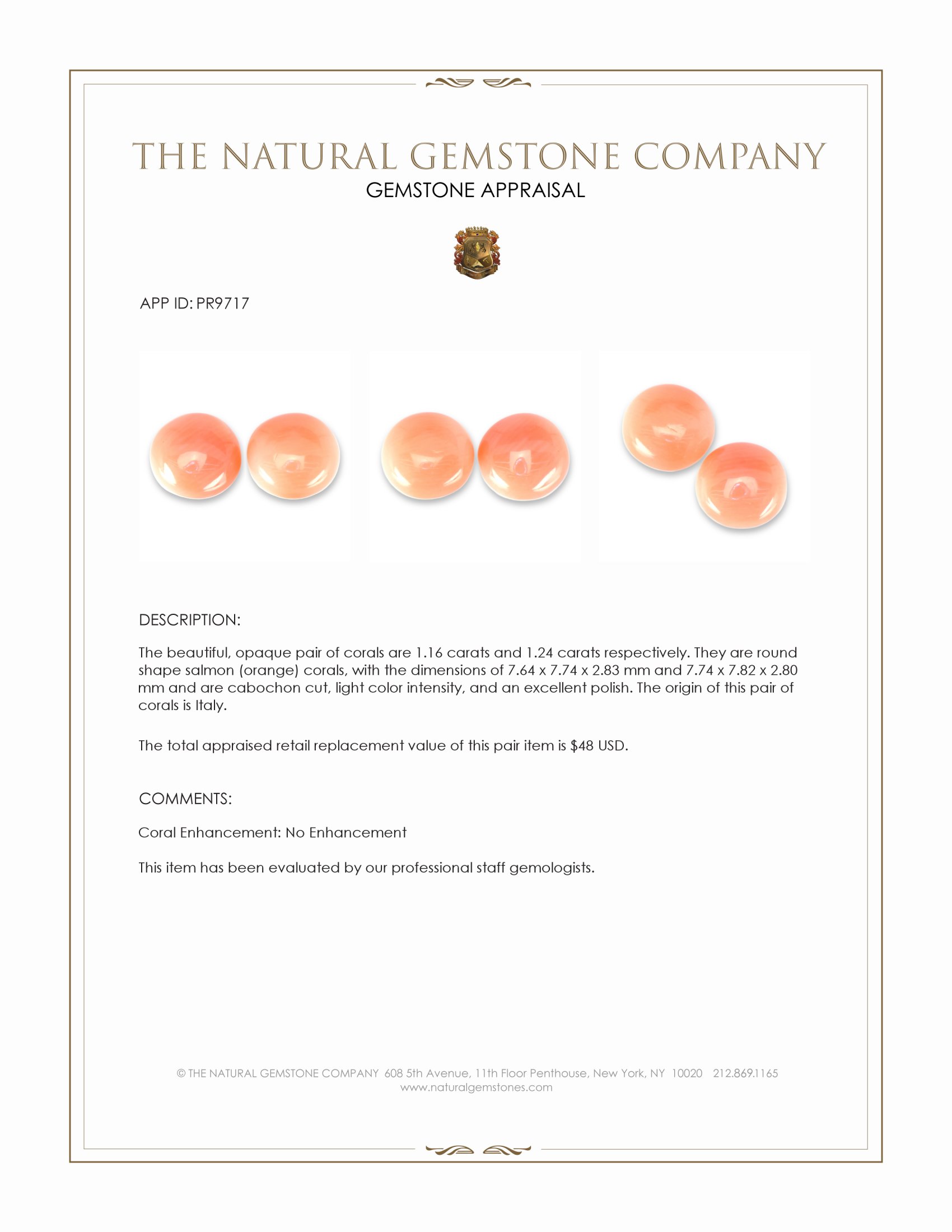 2.40 Ct.Tw. Salmon (Orange) Cabochon Coral Pair from Italy