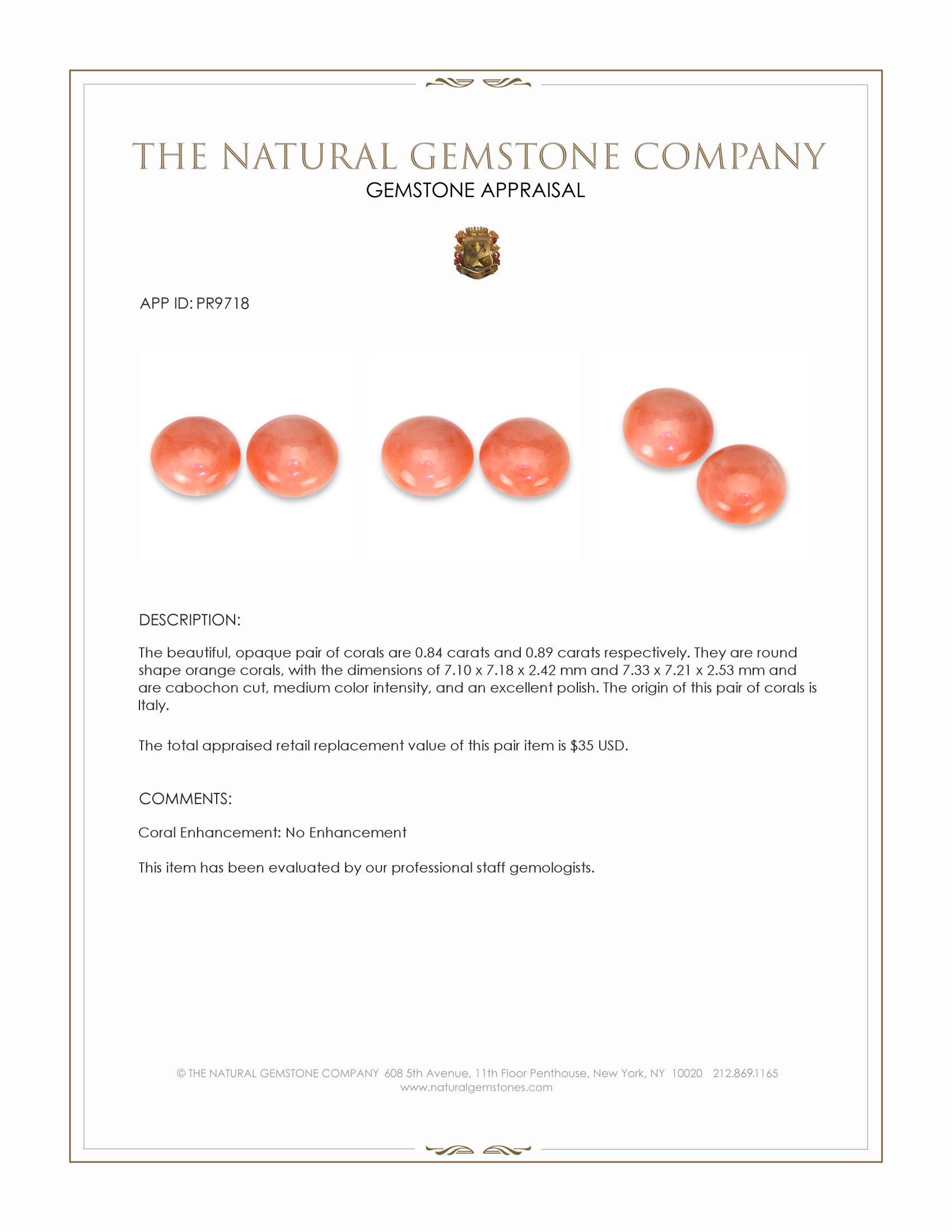 1.73 Ct.Tw. Salmon (Orange) Cabochon Coral Pair from Italy
