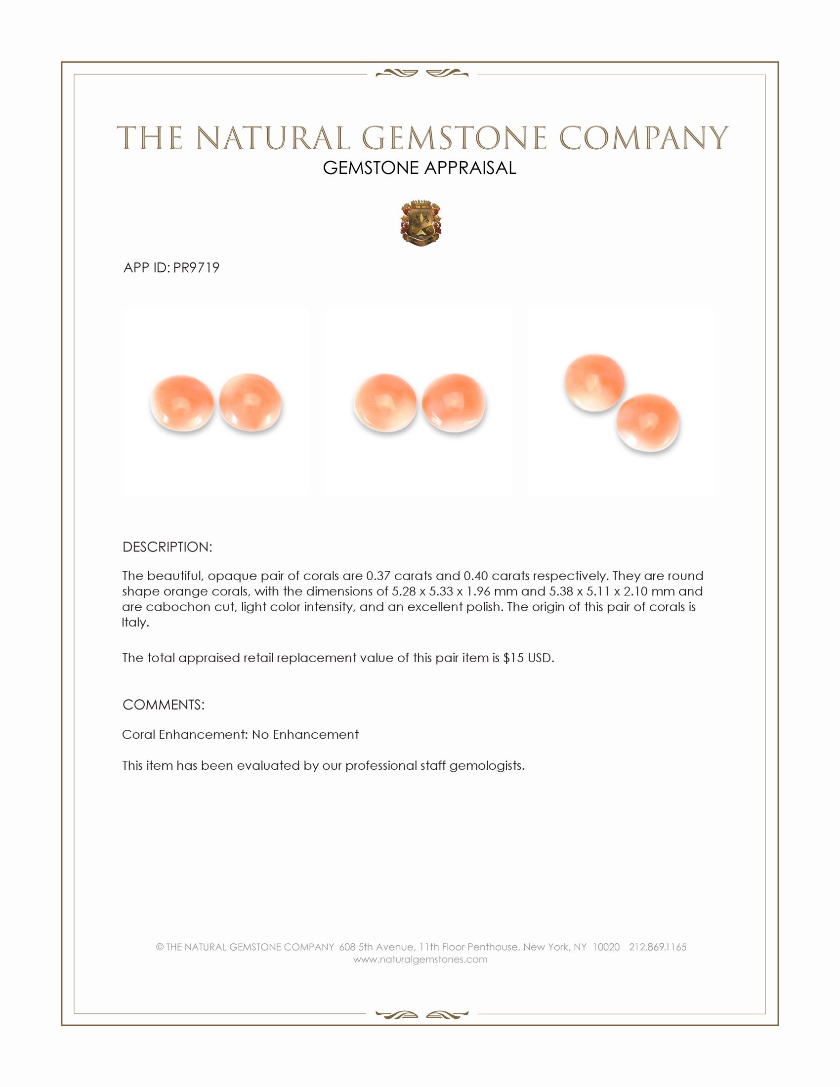 0.77 Ct.Tw. Cabochon Coral Pair from Italy