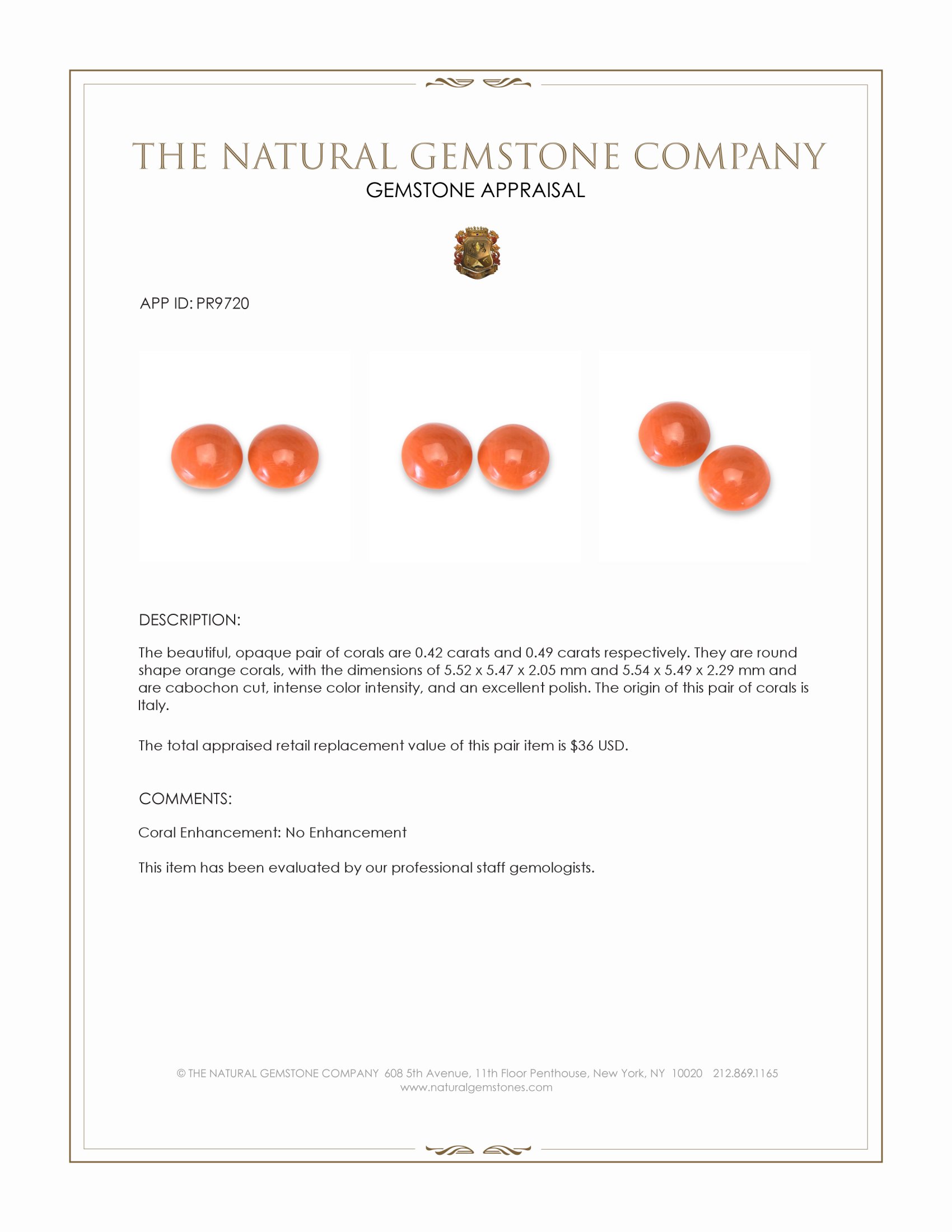 0.91 Ct.Tw. Orange Cabochon Coral Pair from Italy