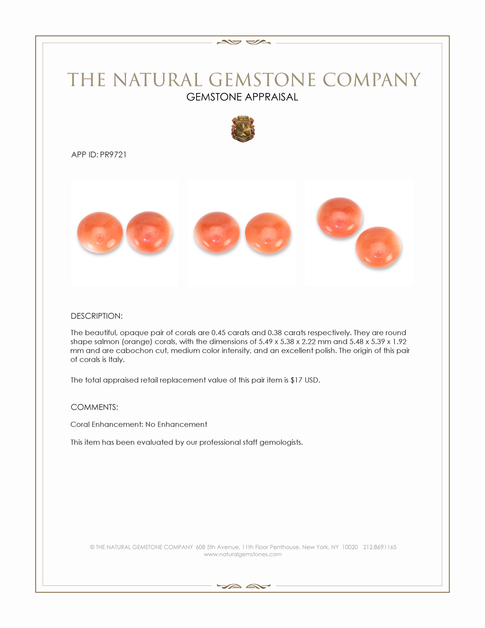 0.83 Ct.Tw. Salmon (Orange) Cabochon Coral Pair from Italy