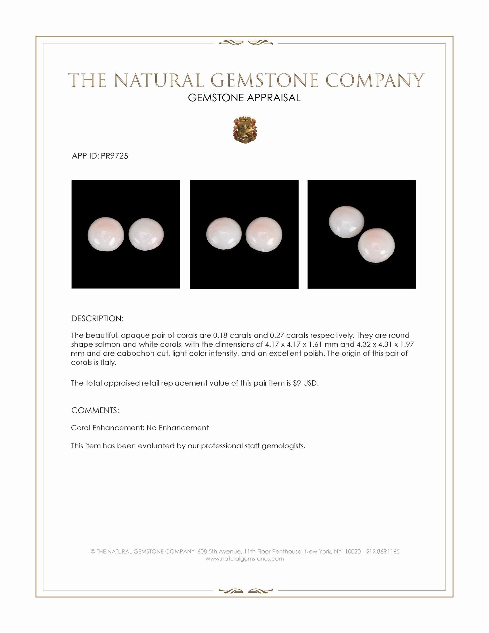 0.45 Ct.Tw. Cabochon Coral Pair from Italy