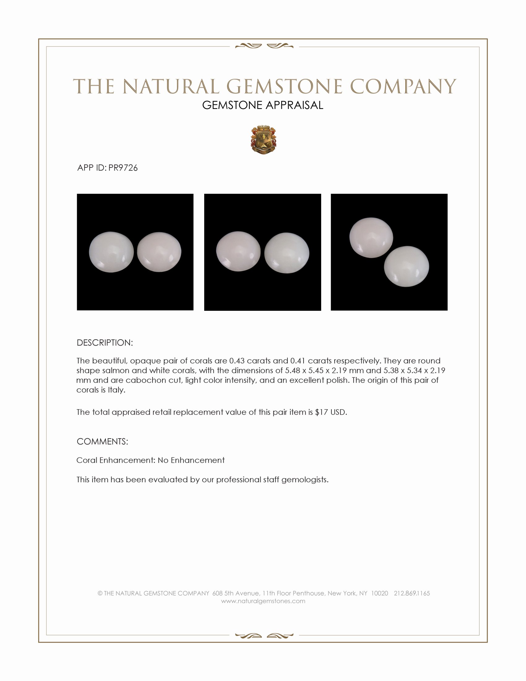 0.84 Ct.Tw. Cabochon Coral Pair from Italy