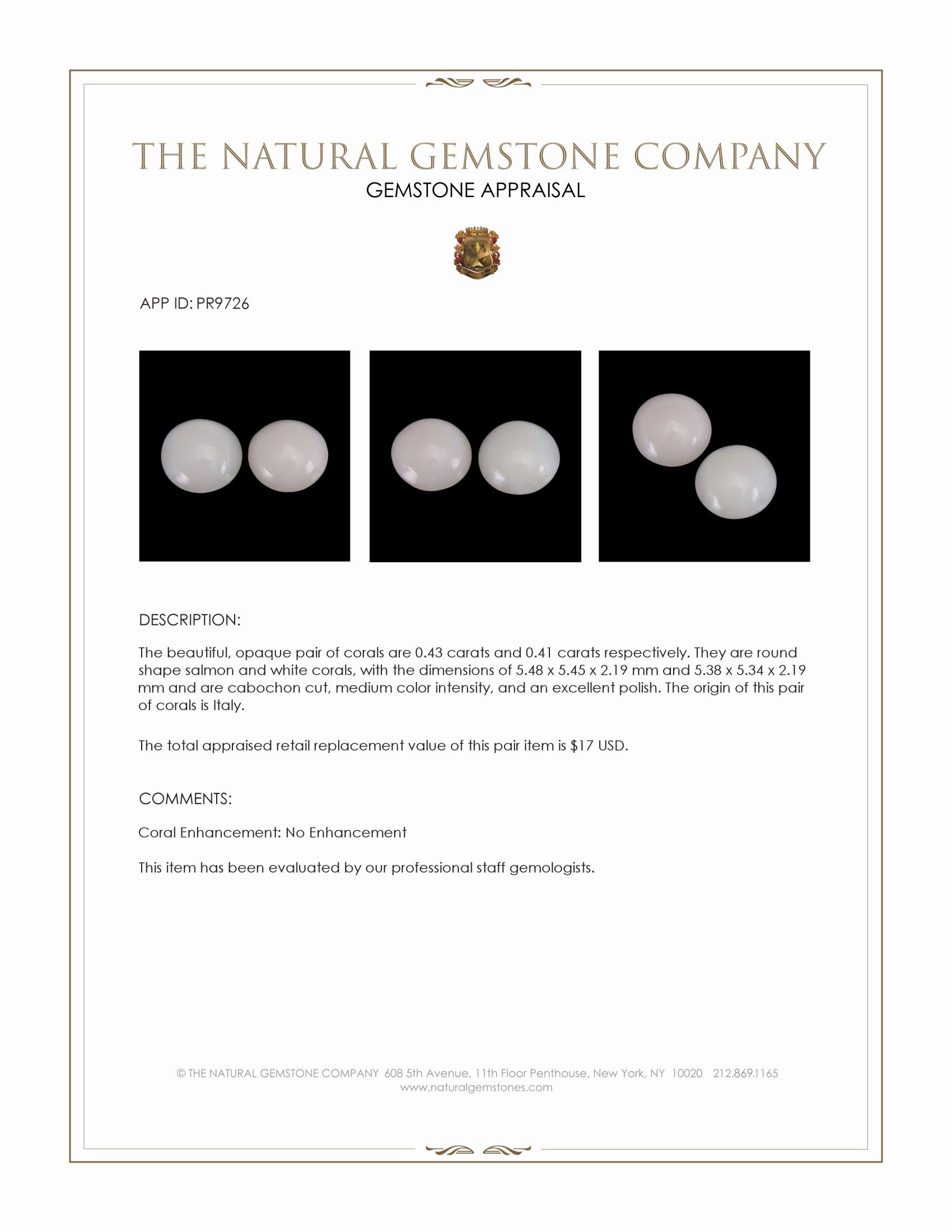 0.84 Ct.Tw. Cabochon Coral Pair from Italy