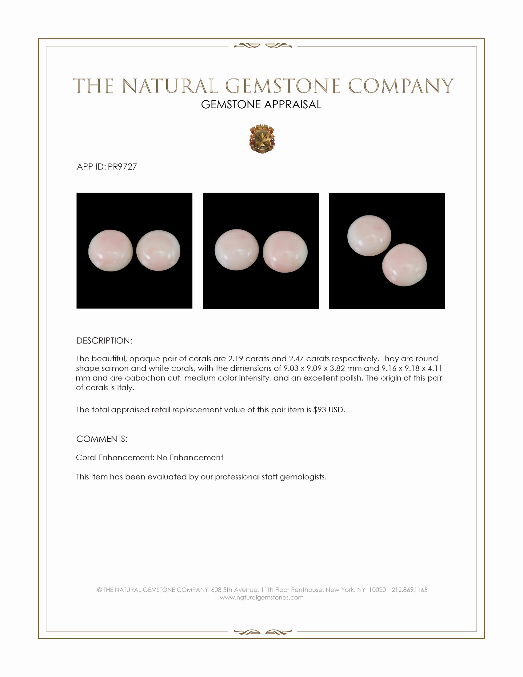 4.66 Ct.Tw. Cabochon Coral Pair from Italy