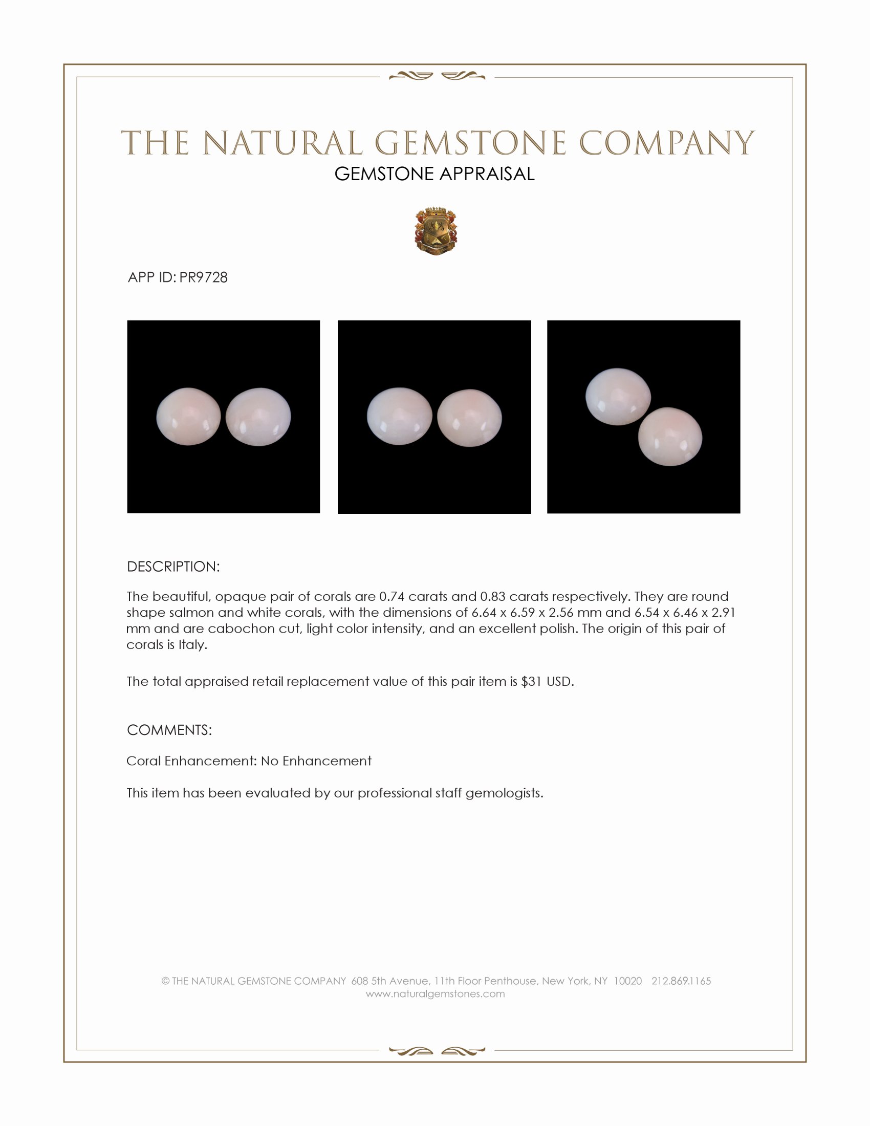 1.57 Ct.Tw. Cabochon Coral Pair from Italy