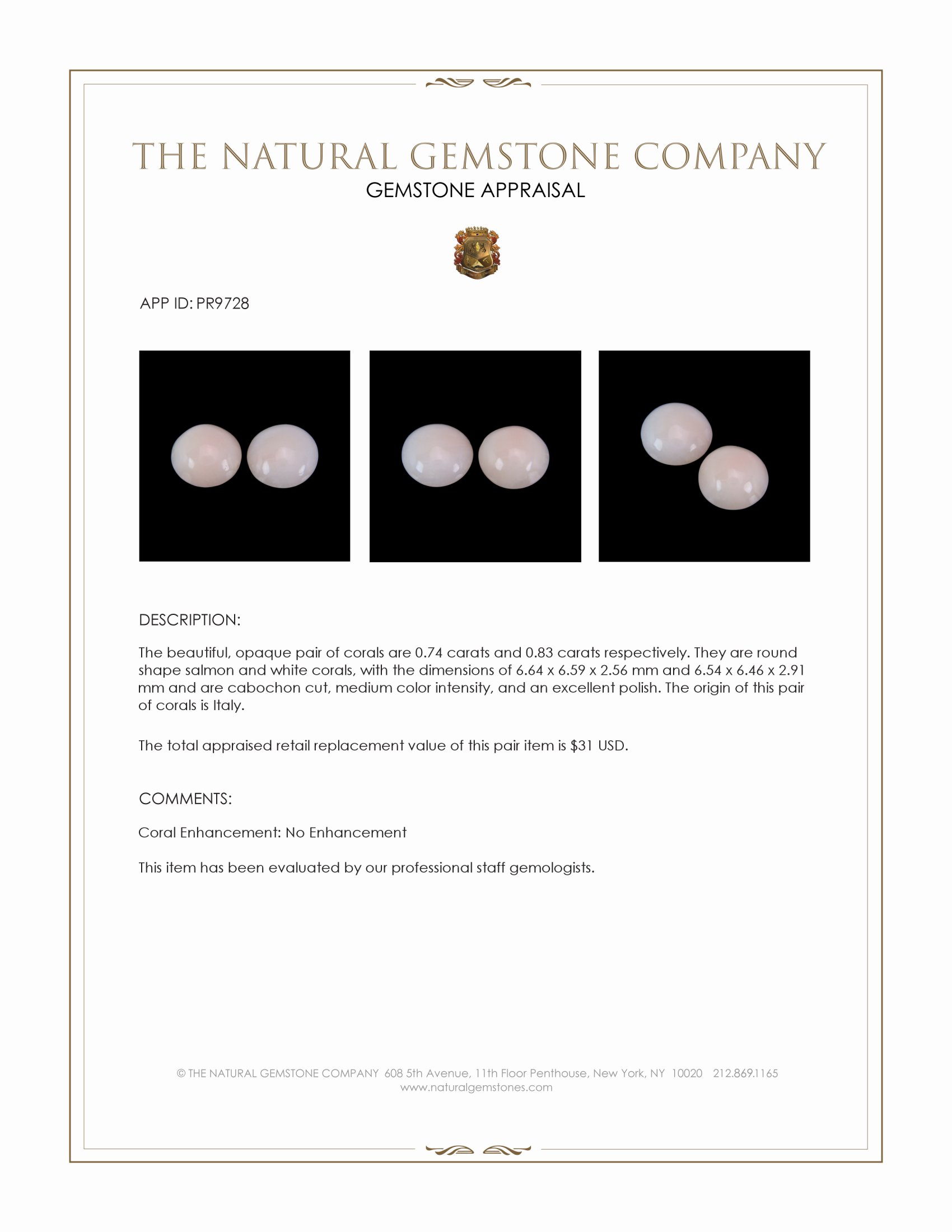 1.57 Ct.Tw. Cabochon Coral Pair from Italy