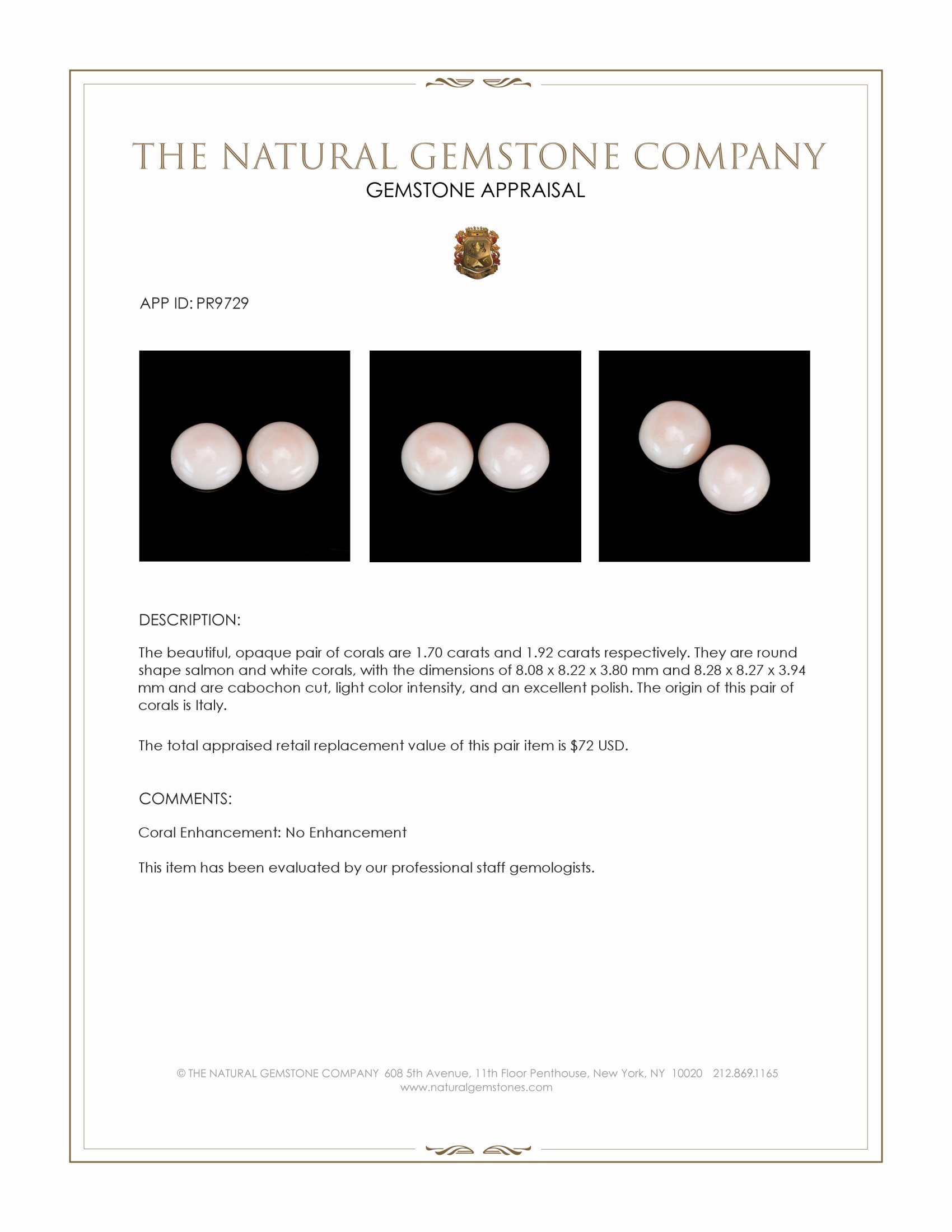 3.62 Ct.Tw. Cabochon Coral Pair from Italy