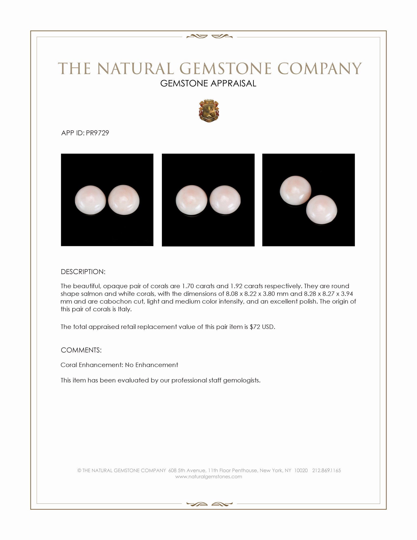 3.62 Ct.Tw. Cabochon Coral Pair from Italy