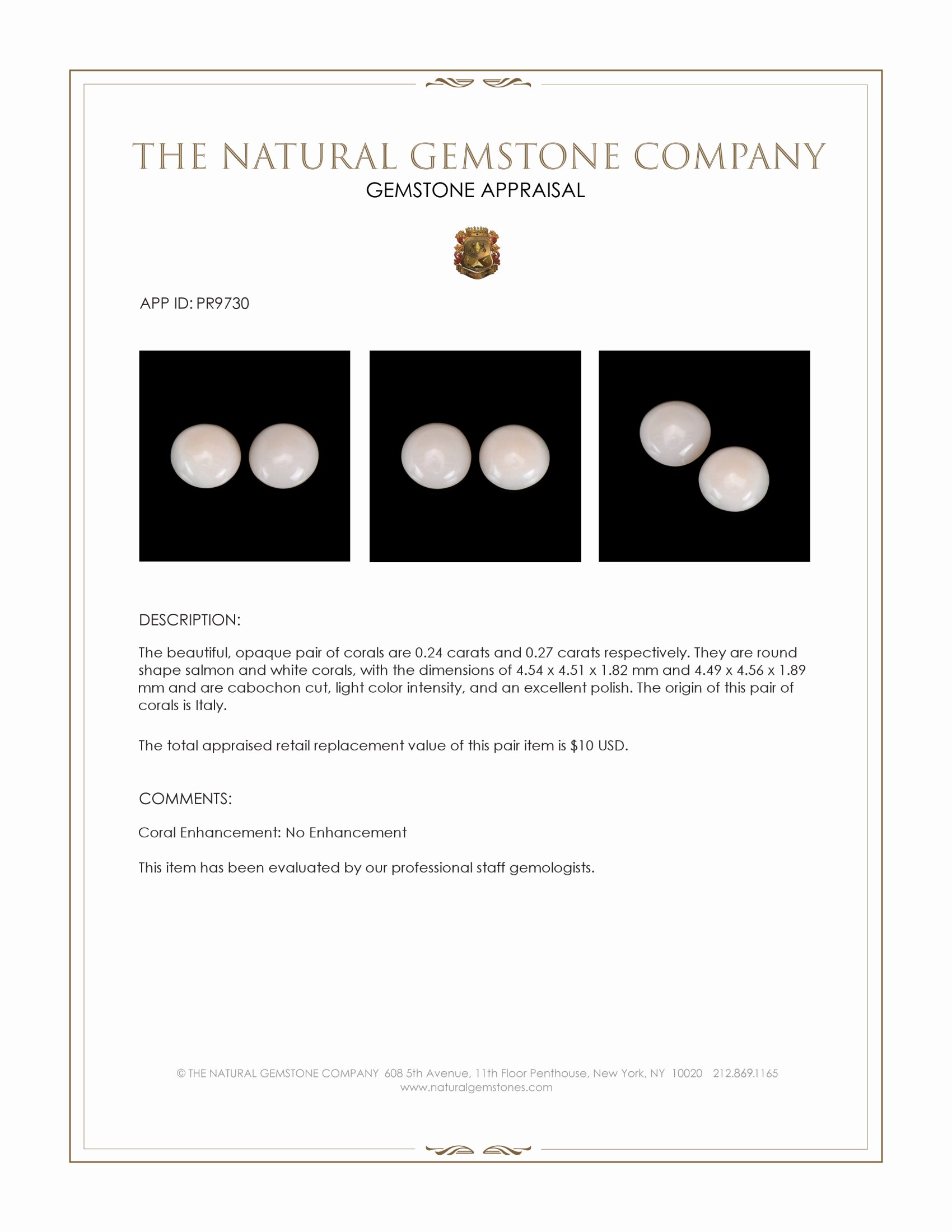 0.51 Ct.Tw. Cabochon Coral Pair from Italy