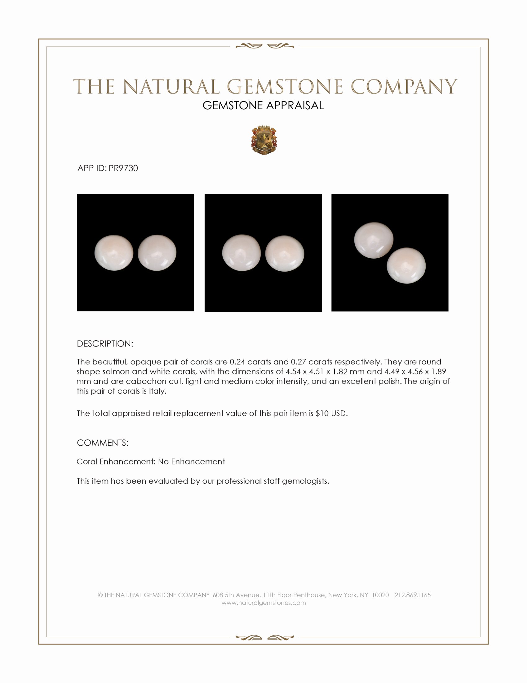 0.51 Ct.Tw. Cabochon Coral Pair from Italy