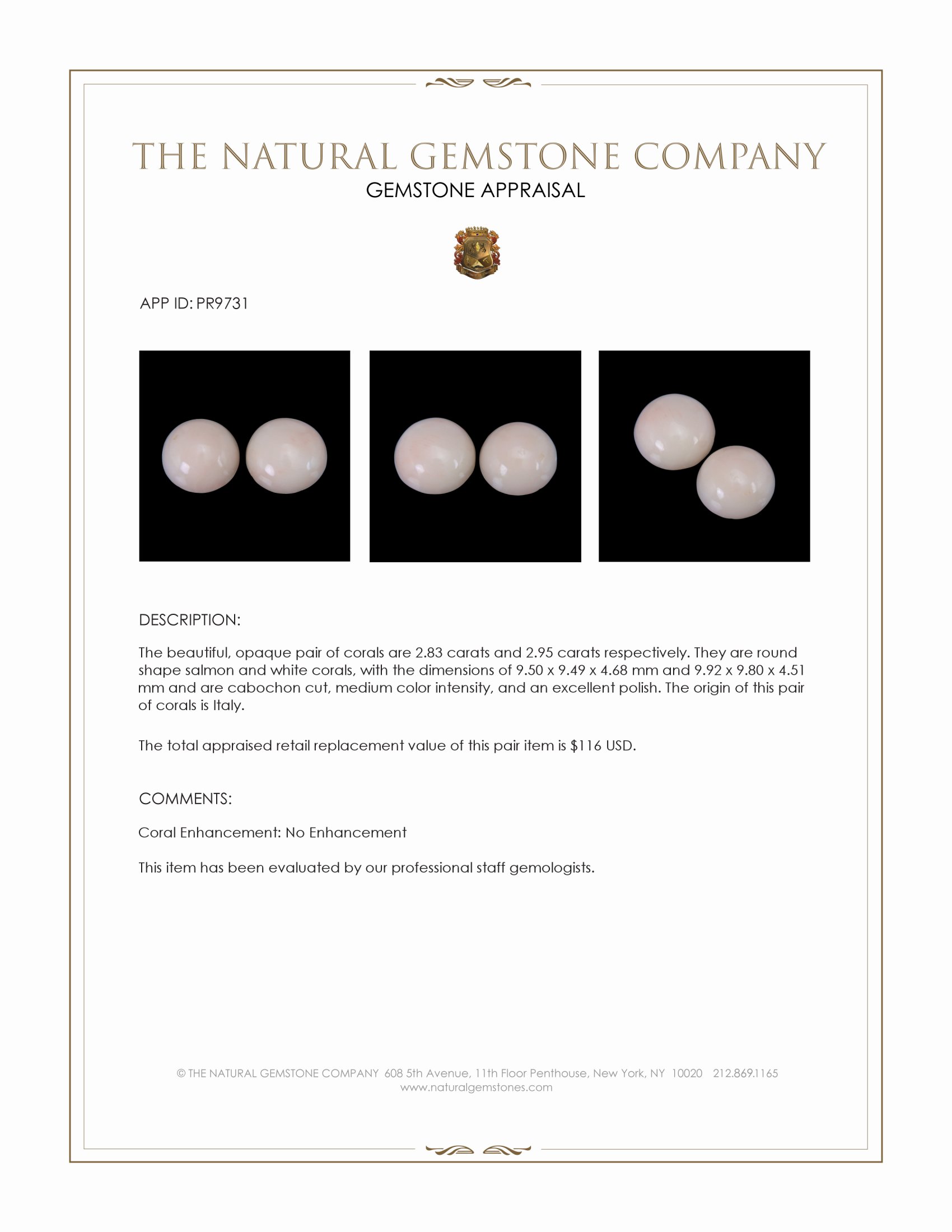 5.78 Ct.Tw. Cabochon Coral Pair from Italy