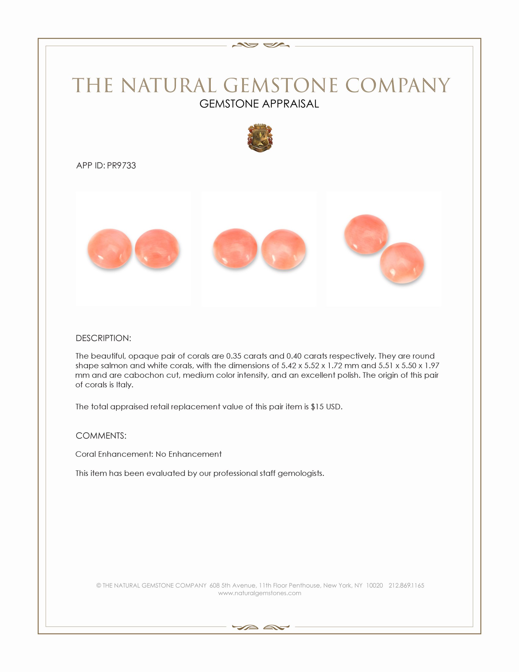 0.75 Ct.Tw. Cabochon Coral Pair from Italy