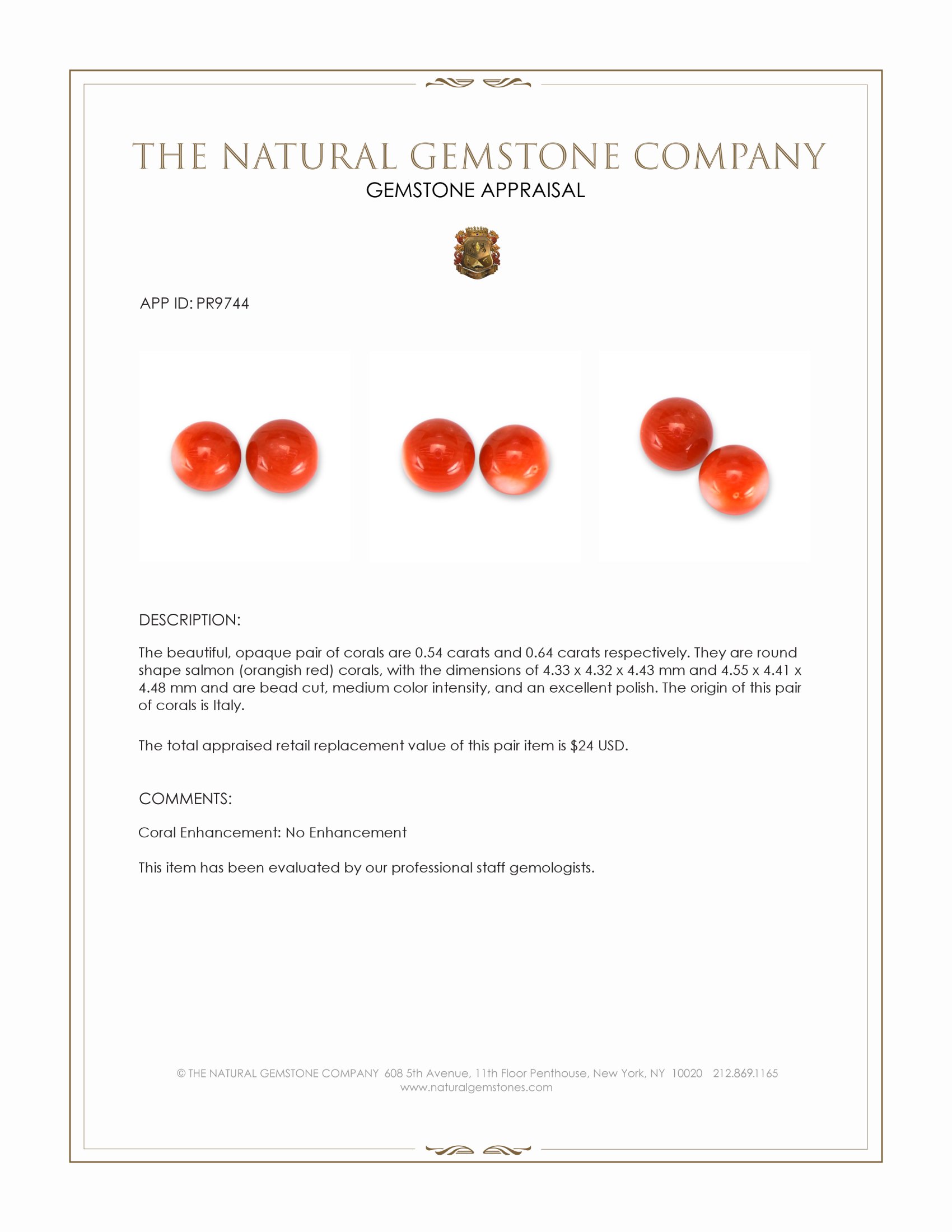 1.18 Ct.Tw. Salmon (Orangish Red) Coral Pair from Italy