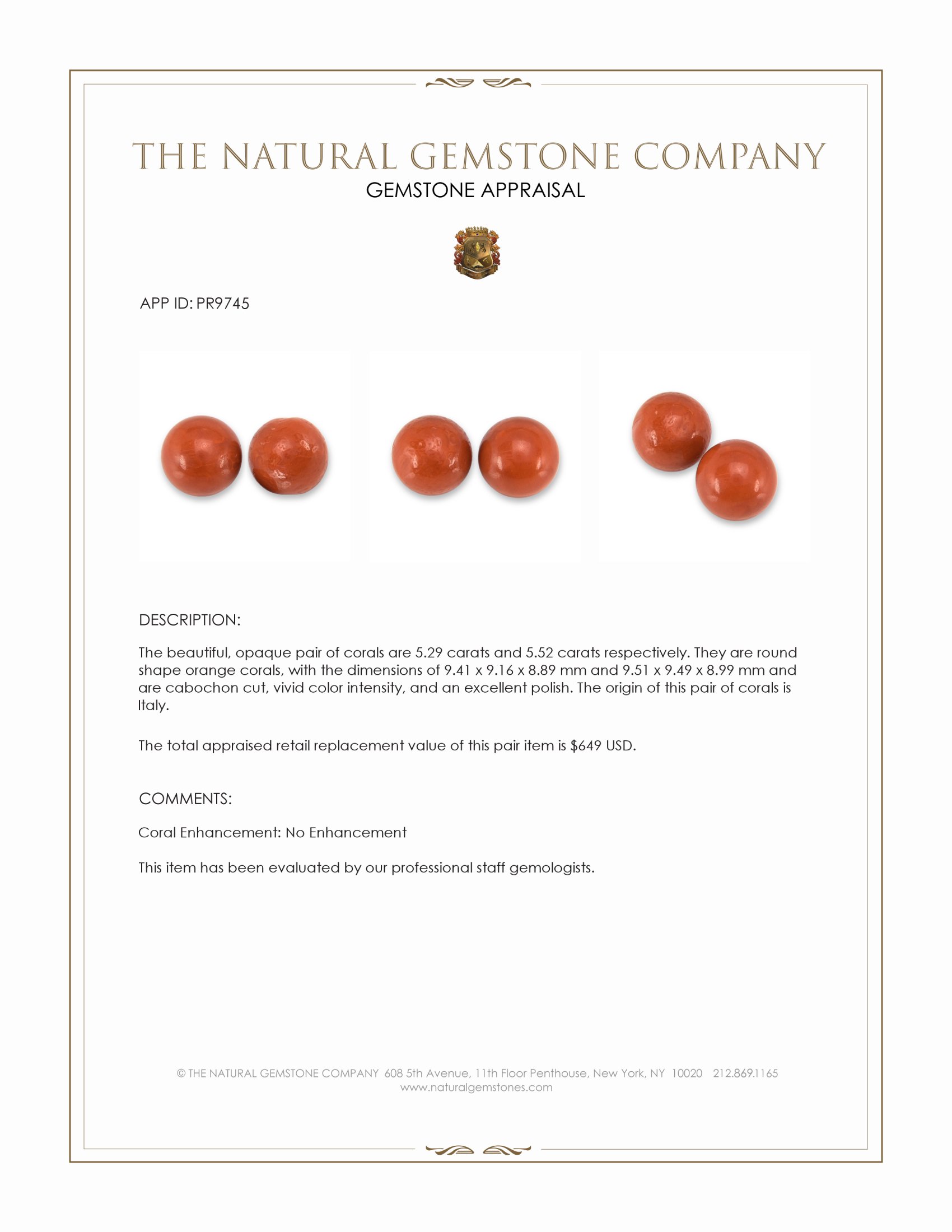 10.81 Ct.Tw. Salmon (Orange) Coral Pair from Italy