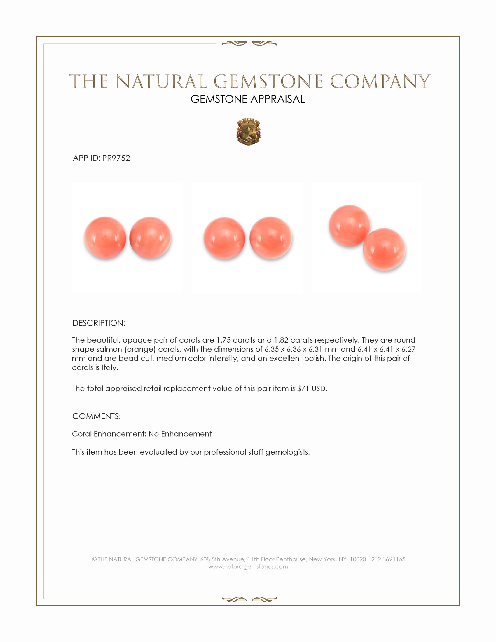 3.57 Ct.Tw. Salmon (Orange) Coral Pair from Italy