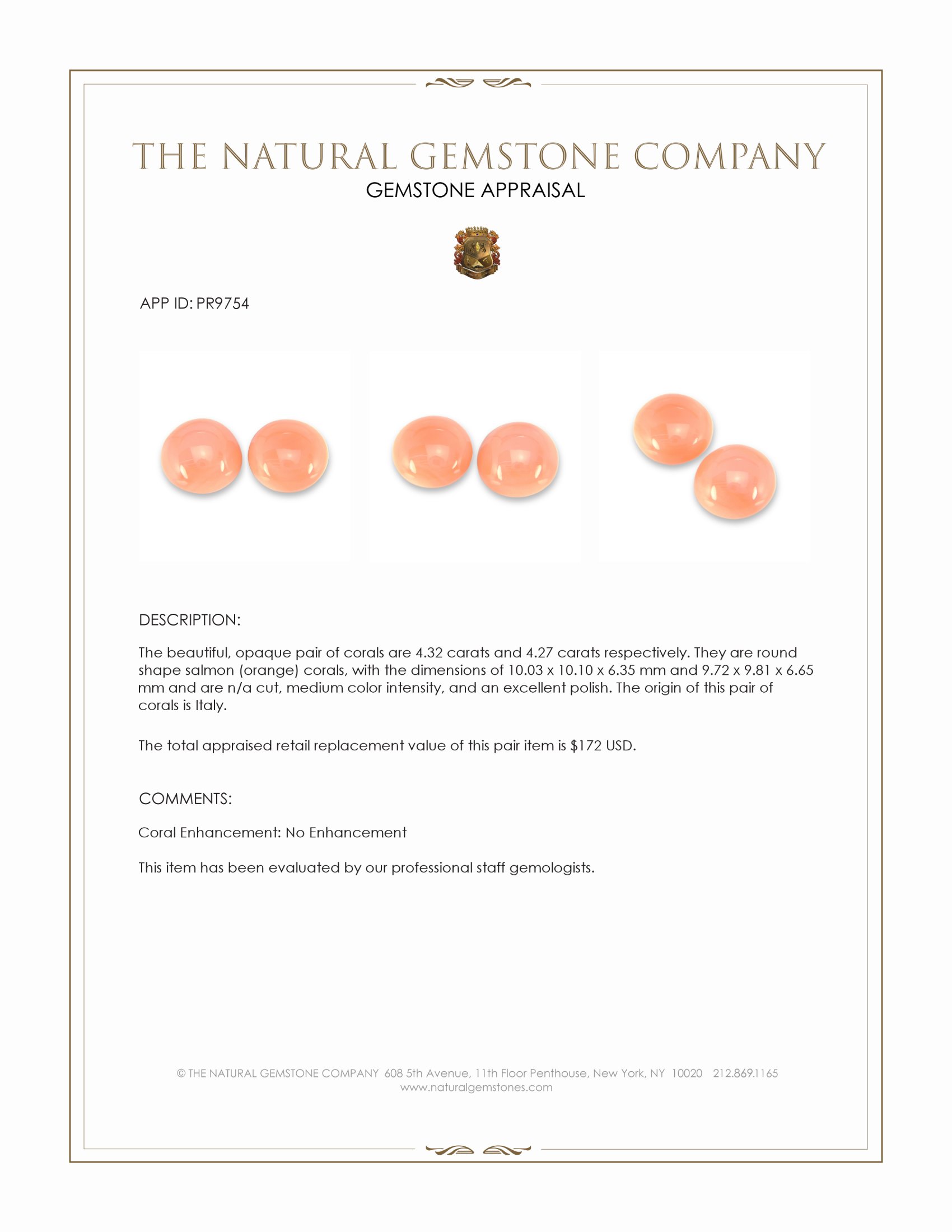 8.59 Ct.Tw. Salmon (Orange) Coral Pair from Italy