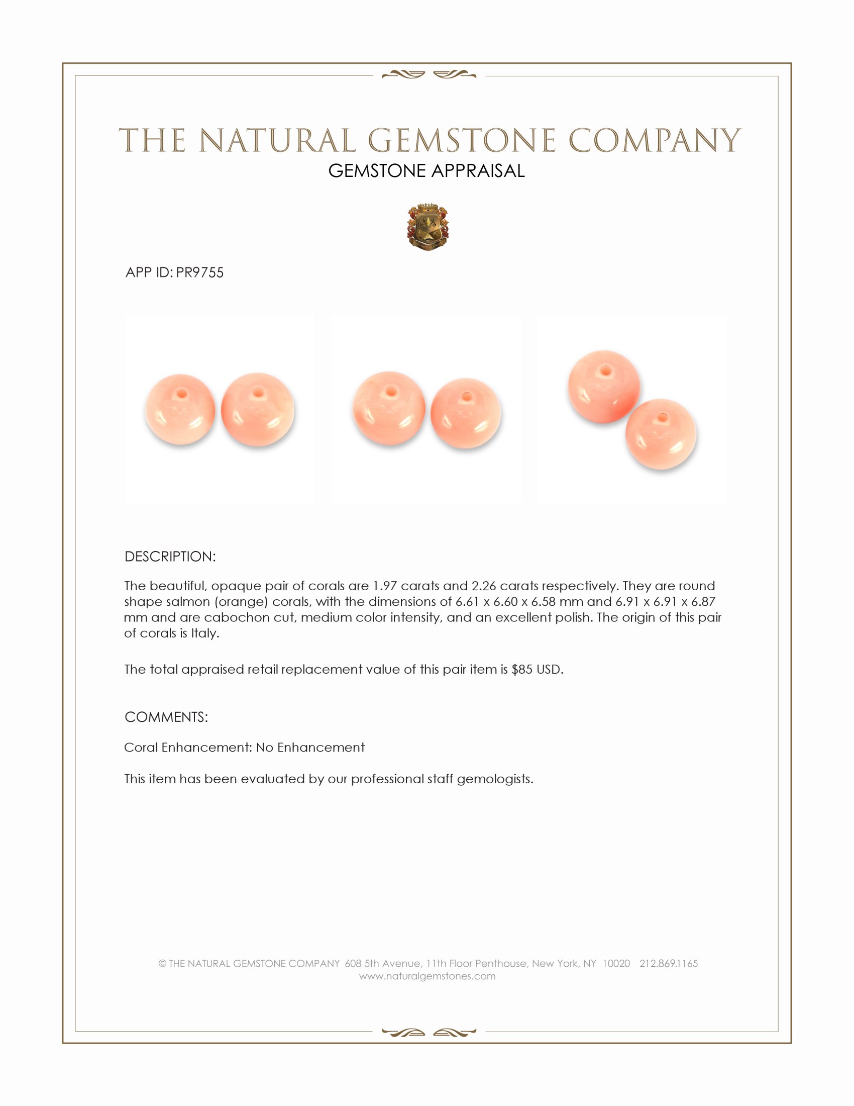 4.23 Ct.Tw. Salmon (Orange) Cabochon Coral Pair from Italy
