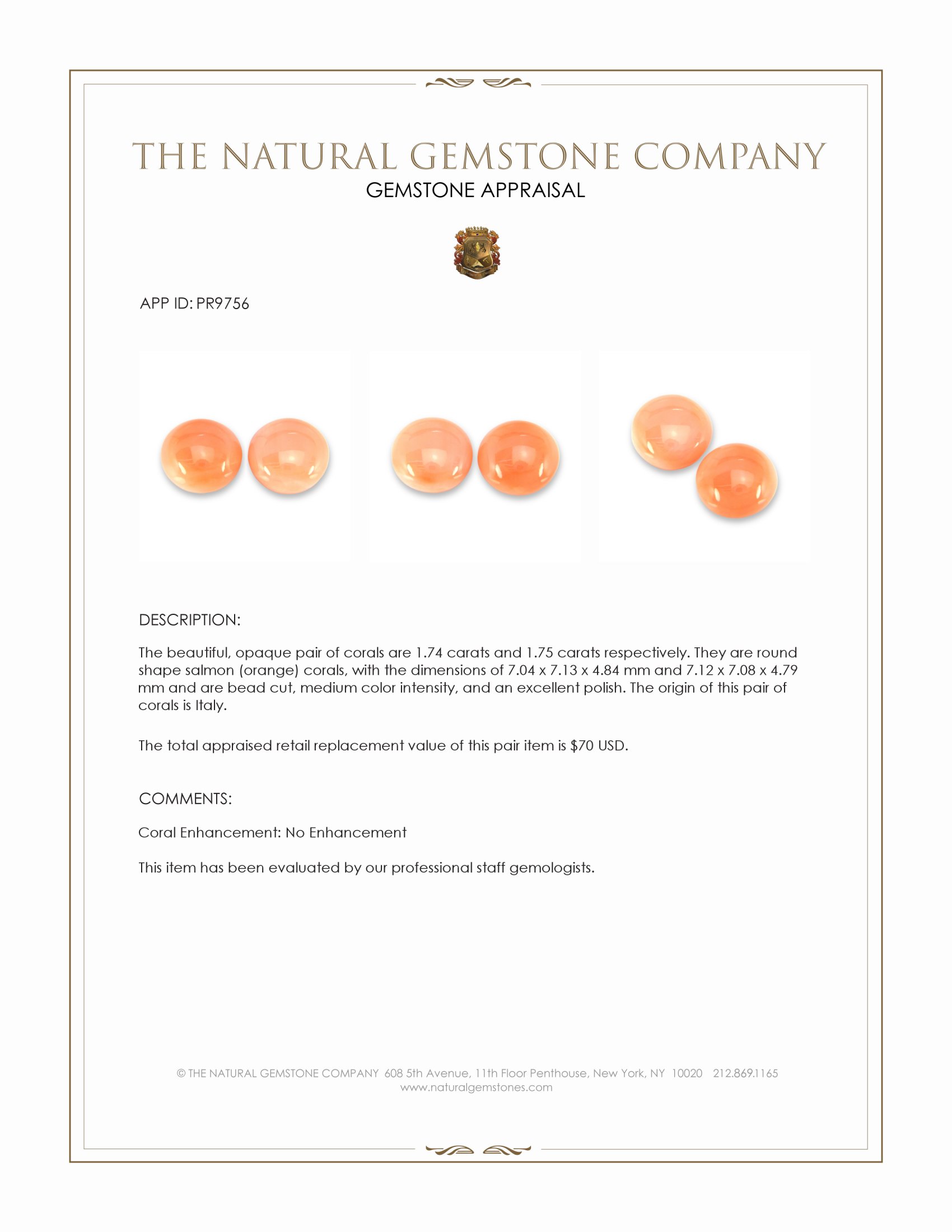 3.49 Ct.Tw. Salmon (Orange) Coral Pair from Italy