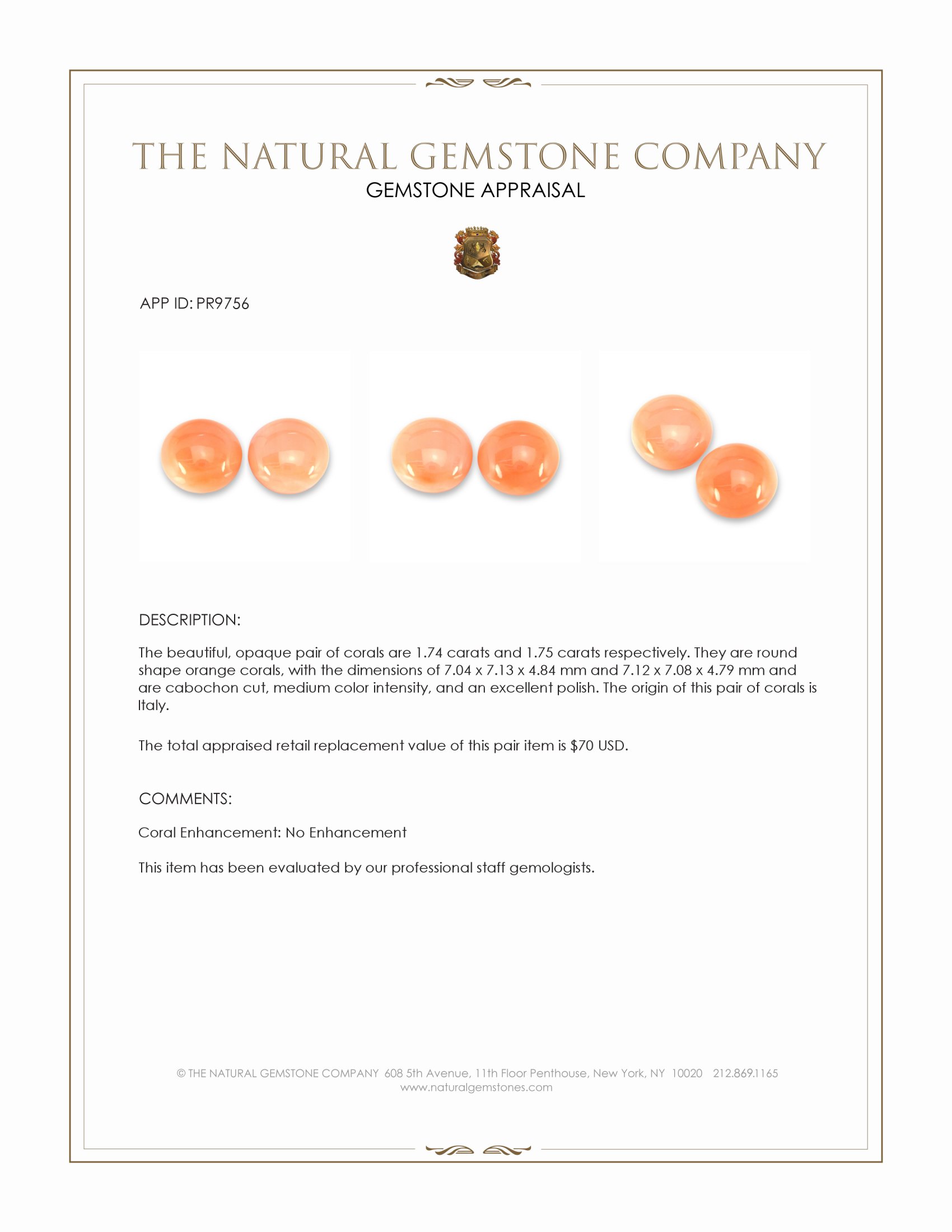 3.49 Ct.Tw. Cabochon Coral Pair from Italy