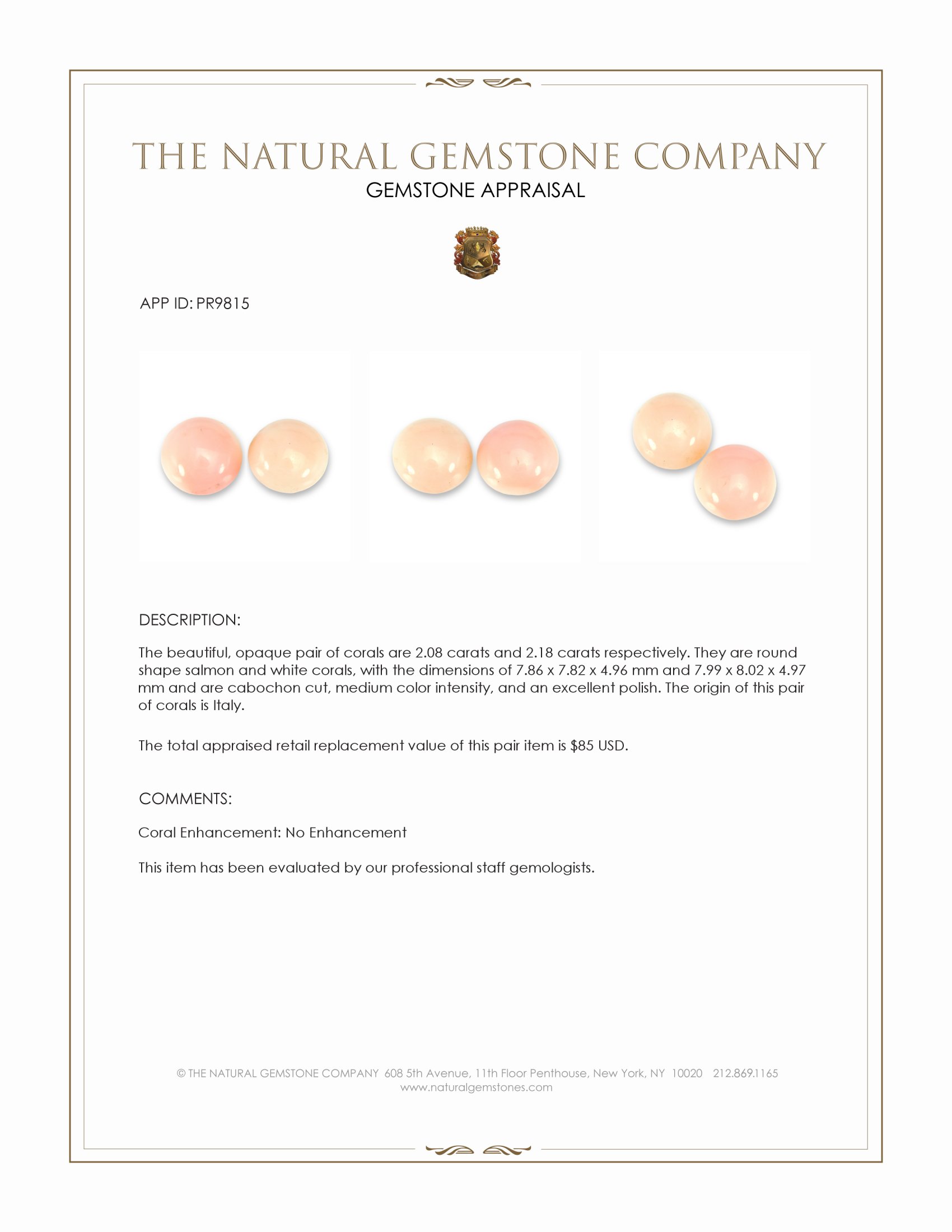 4.26 Ct.Tw. Cabochon Coral Pair from Italy