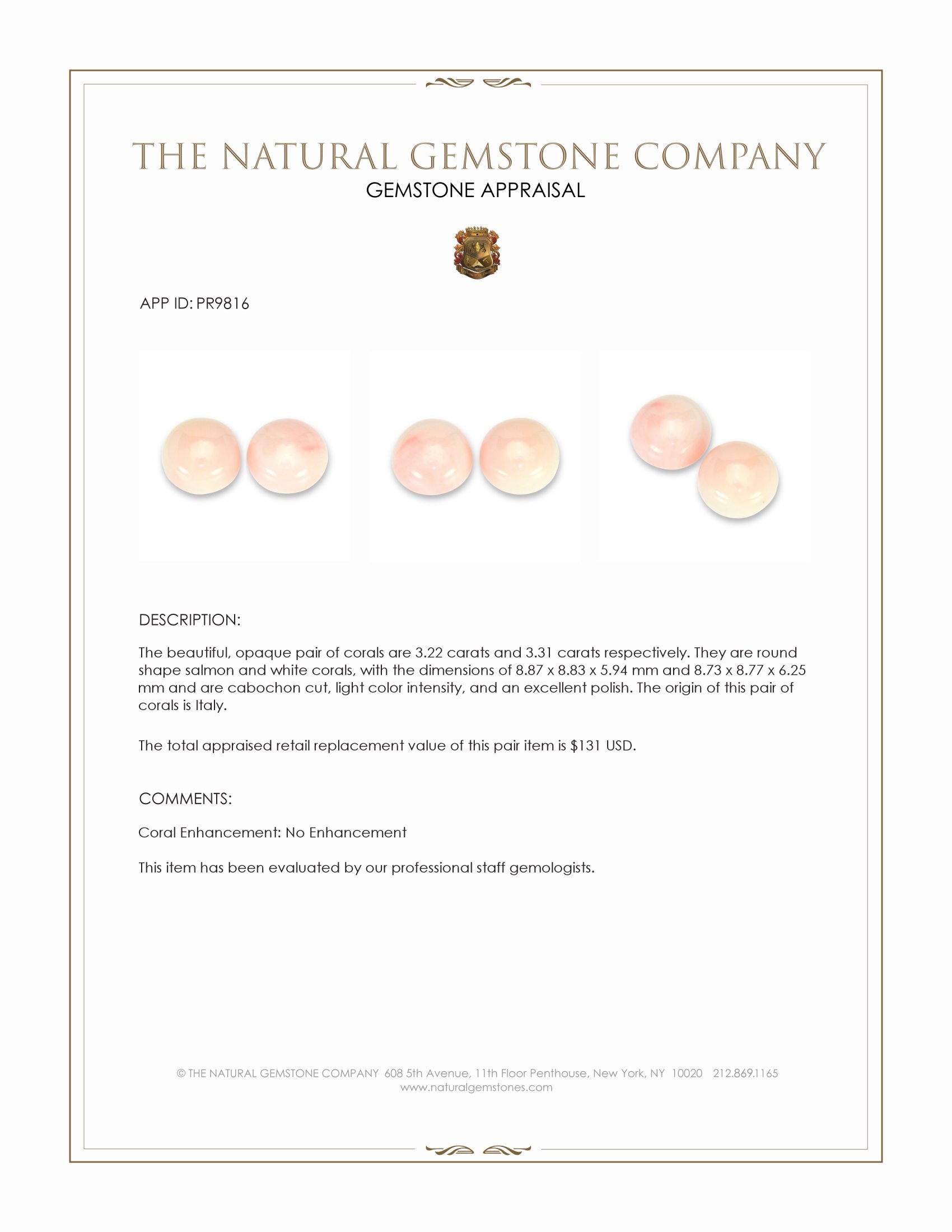 6.53 Ct.Tw. Cabochon Coral Pair from Italy