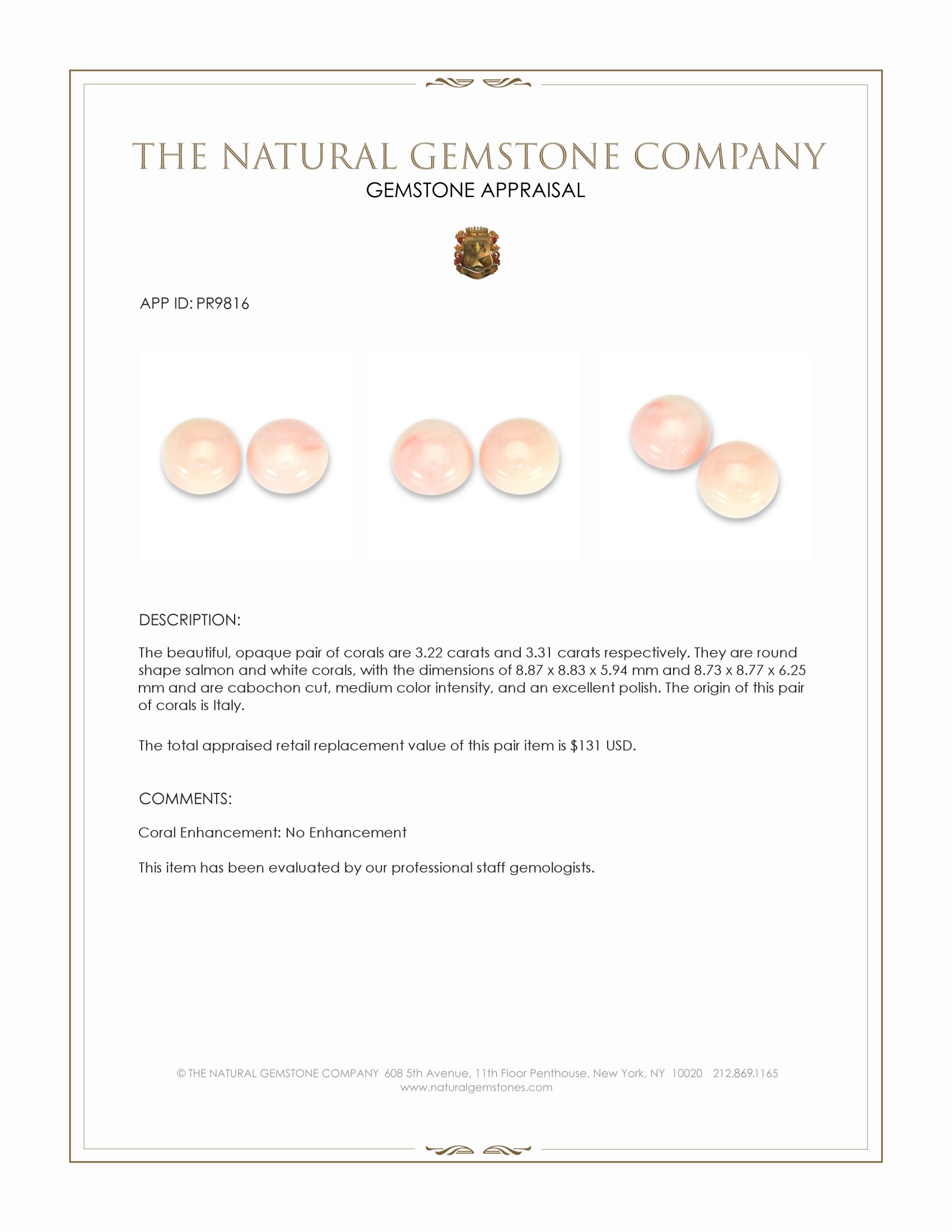 6.53 Ct.Tw. Cabochon Coral Pair from Italy