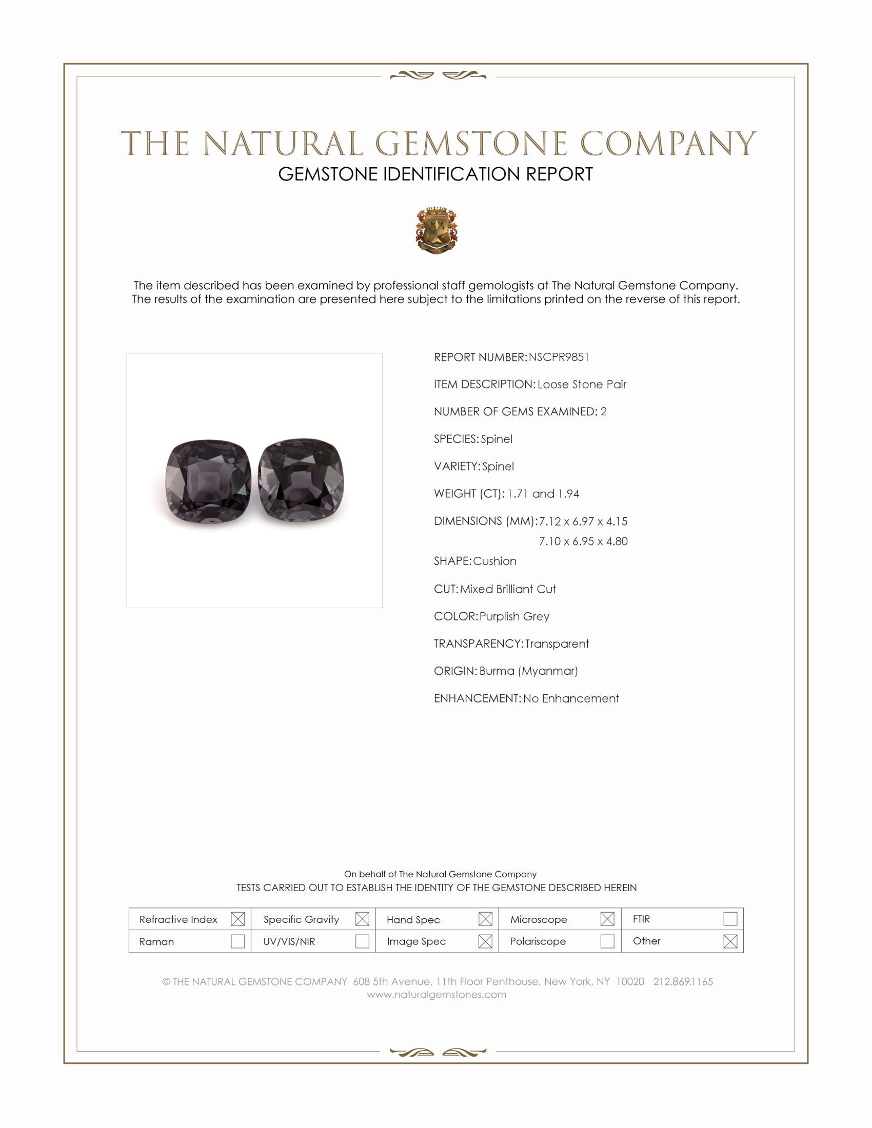 3.65 Ct.Tw. Purplish Grey Spinel Pair from Burma (Myanmar)