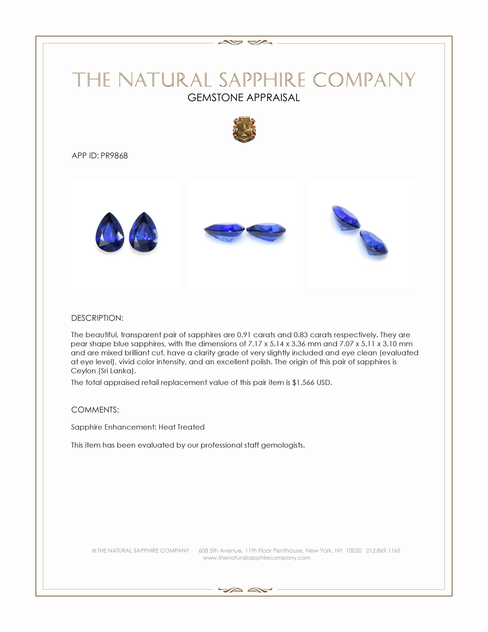 1.74 Ct.Tw. Blue Sapphire Pair from Ceylon (Sri Lanka)