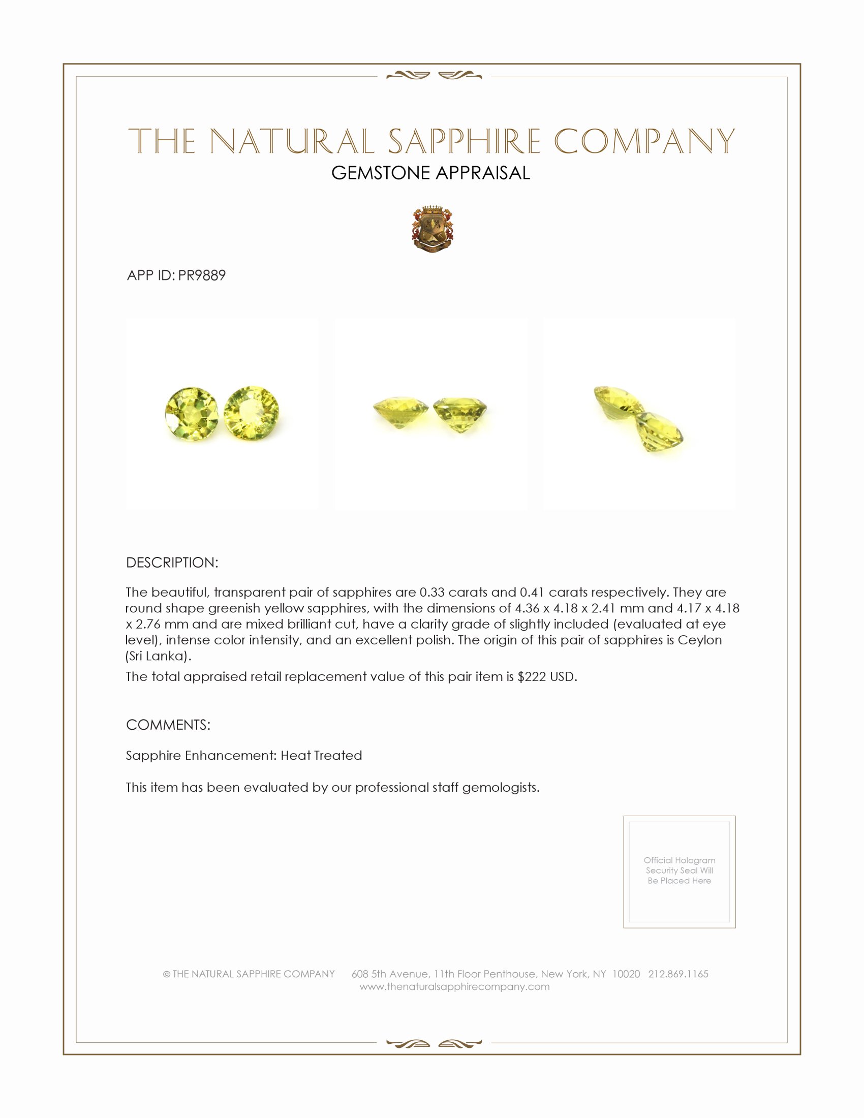 0.74 Ct.Tw. Greenish Yellow Sapphire Pair from Ceylon (Sri Lanka)
