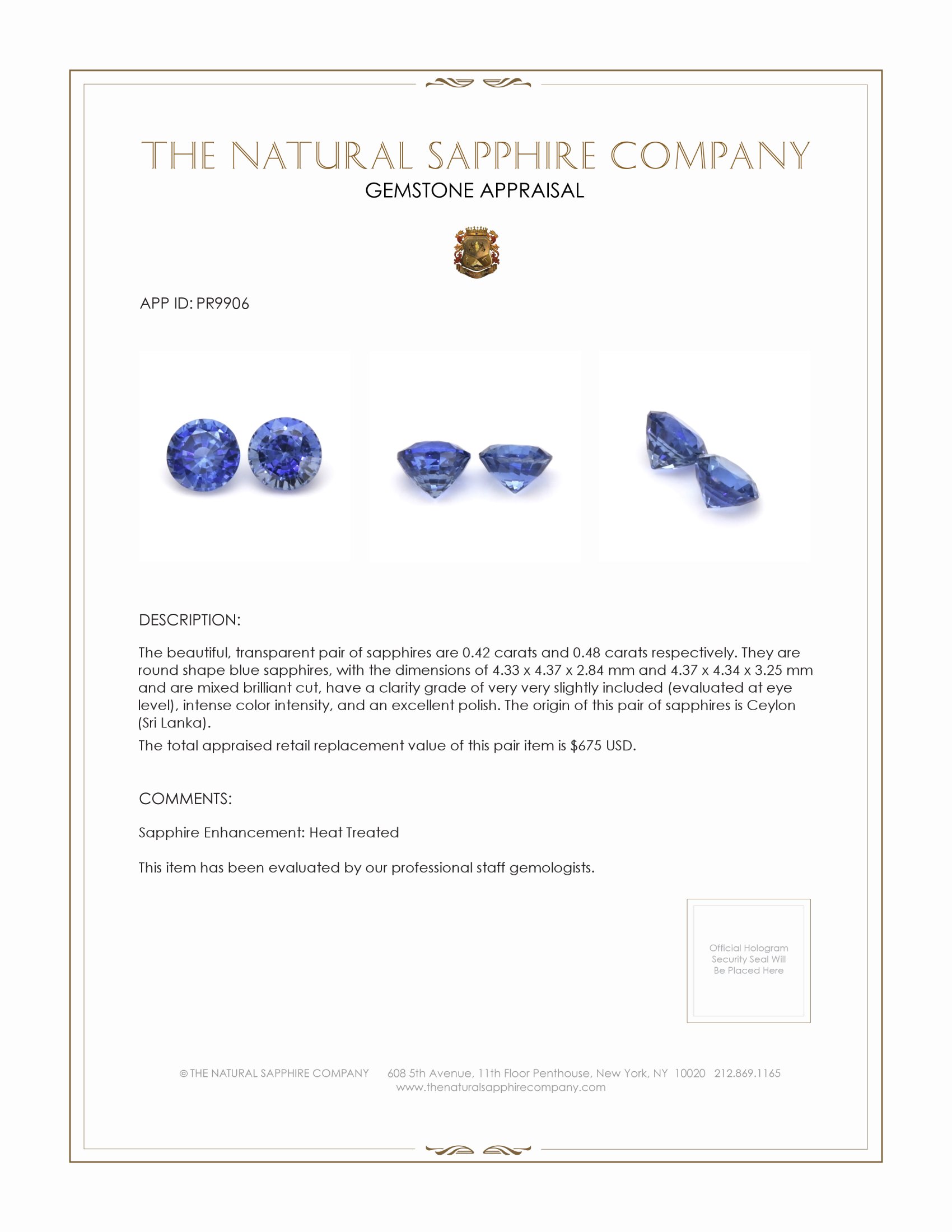 0.90 Ct.Tw. Blue Sapphire Pair from Ceylon (Sri Lanka)