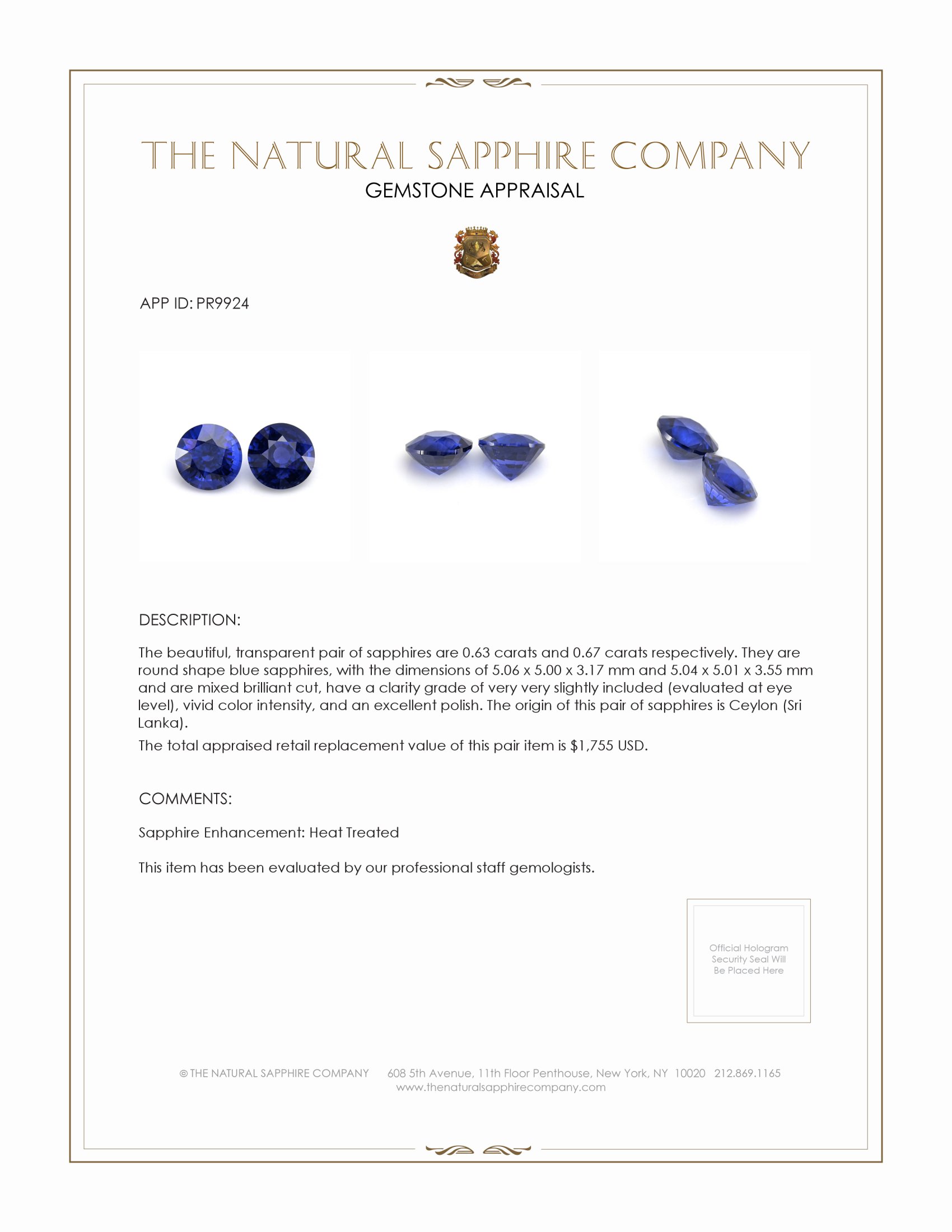 1.30 Ct.Tw. Blue Sapphire Pair from Ceylon (Sri Lanka)