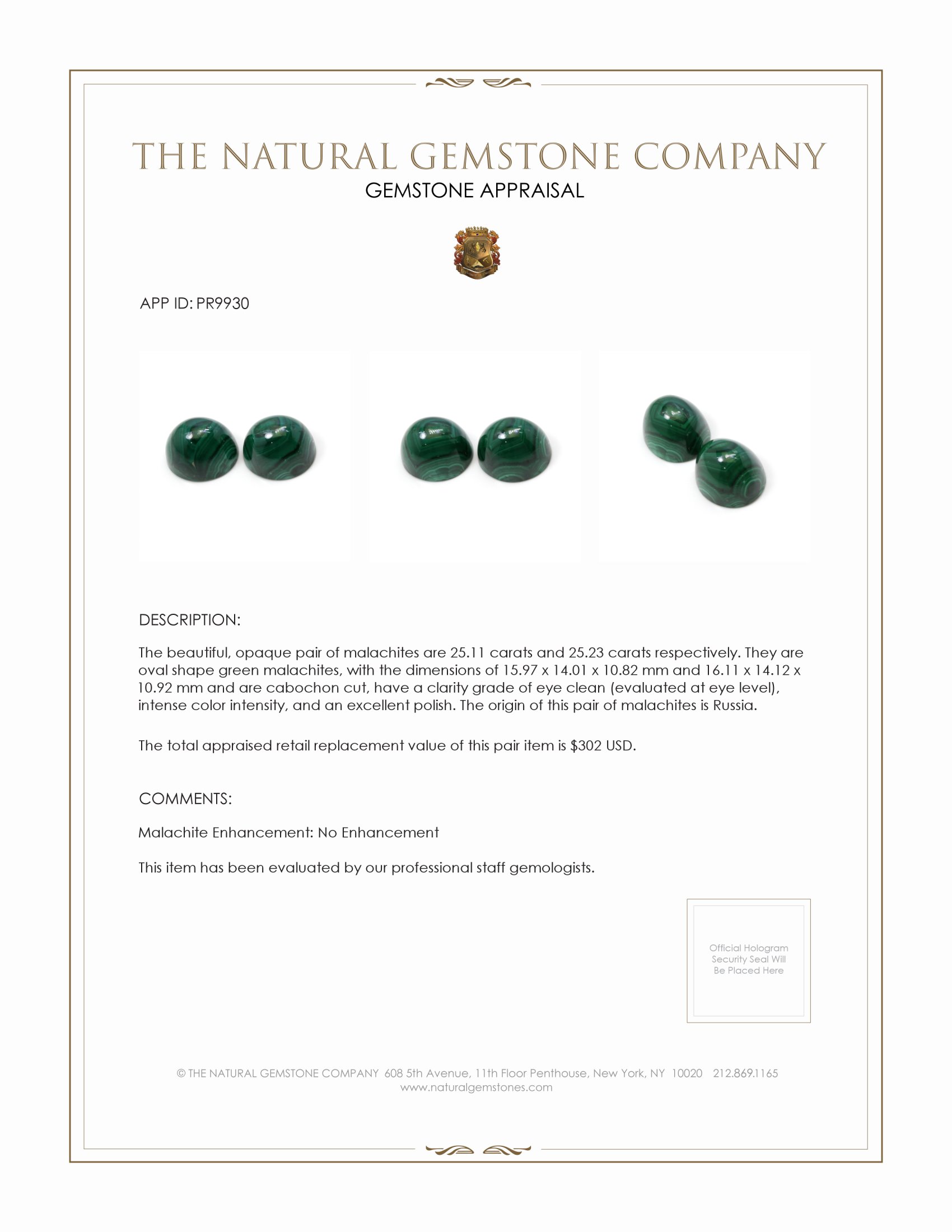 50.34 Ct.Tw. Cabochon Malachite Pair from Russia