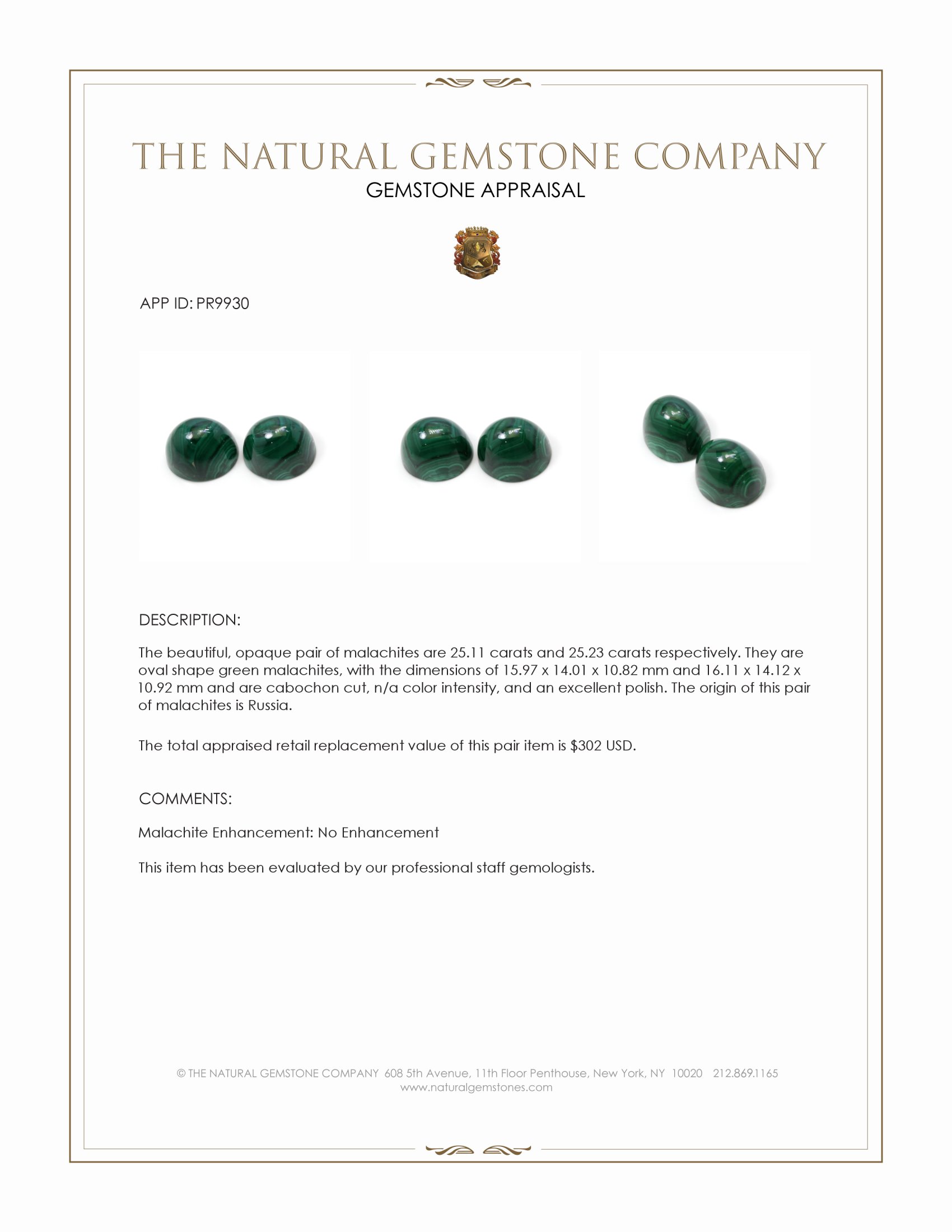 50.34 Ct.Tw. Cabochon Malachite Pair from Russia