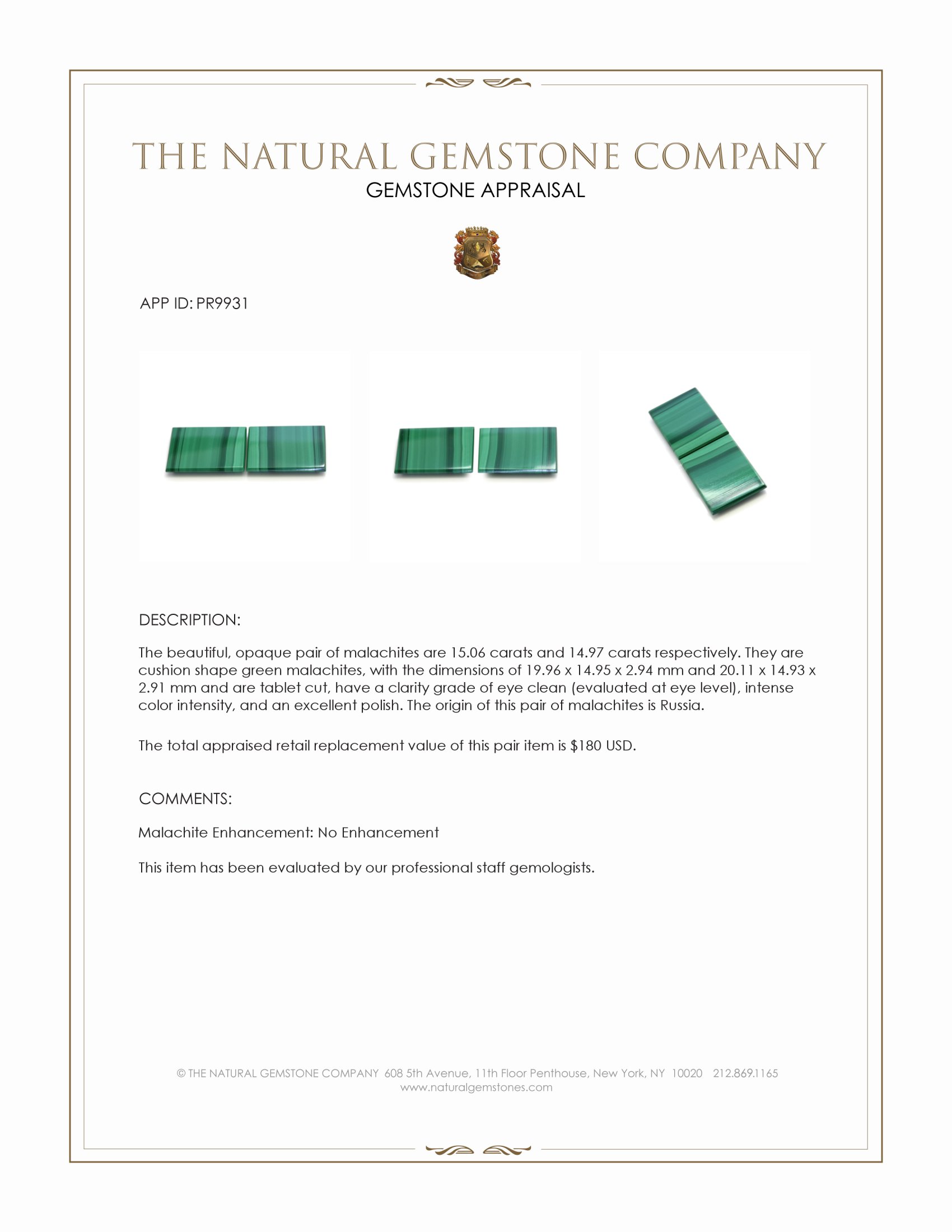 30.03 Ct.Tw. Malachite Pair from Russia