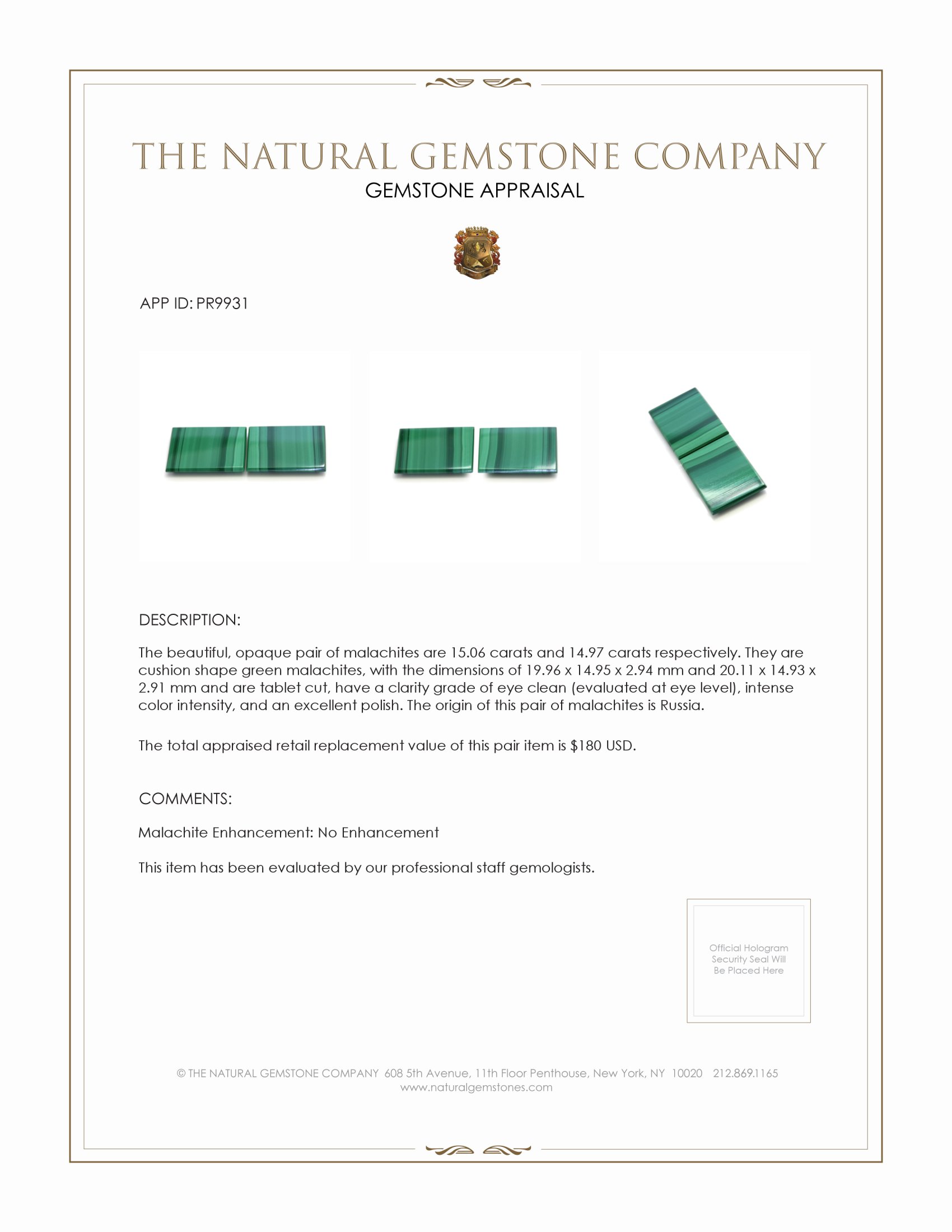 30.03 Ct.Tw. Malachite Pair from Russia