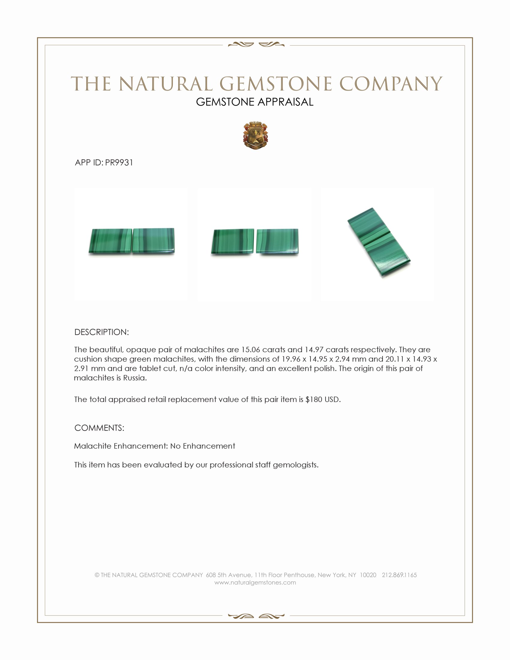 30.03 Ct.Tw. Malachite Pair from Russia