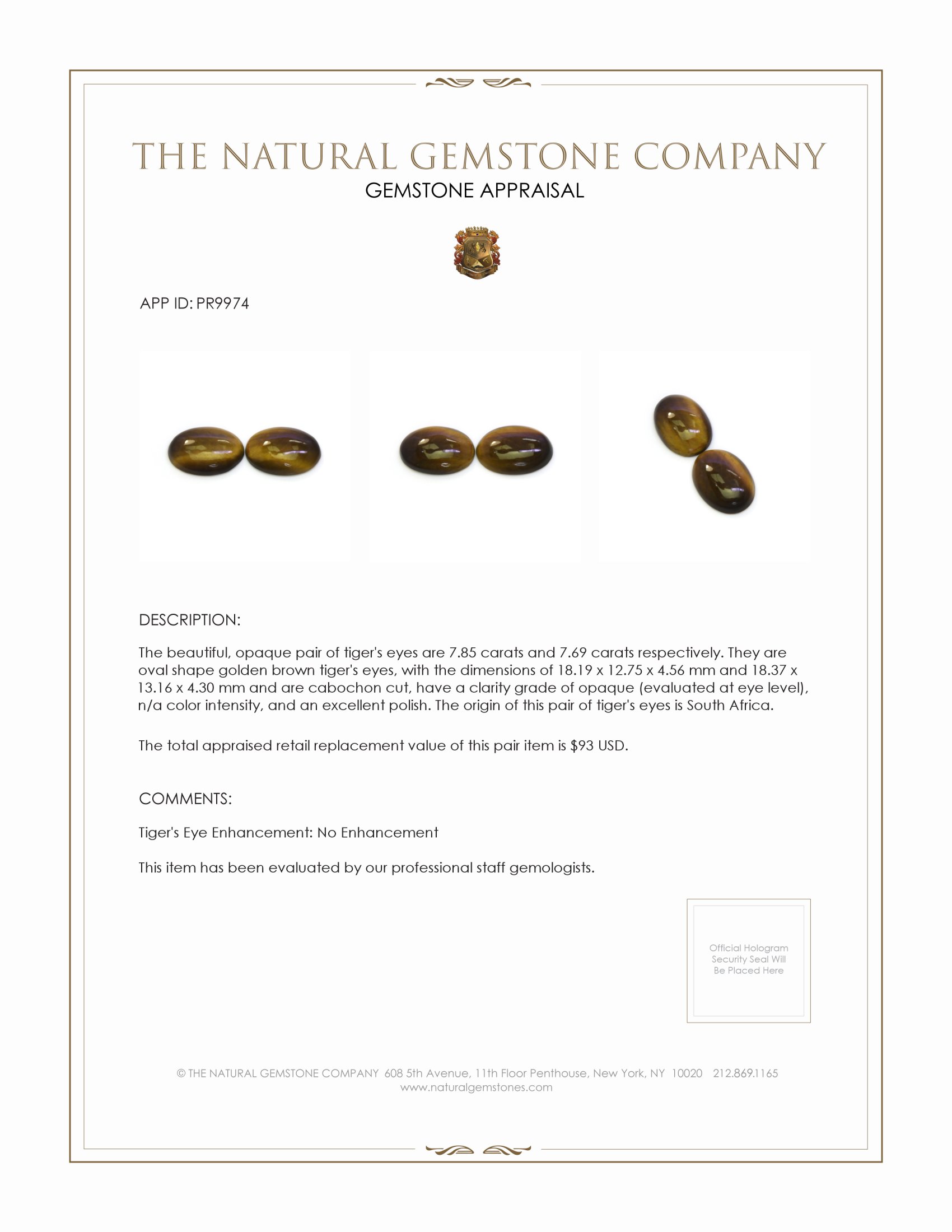 15.54 Ct.Tw. Cabochon Tiger's Eye Pair from South Africa