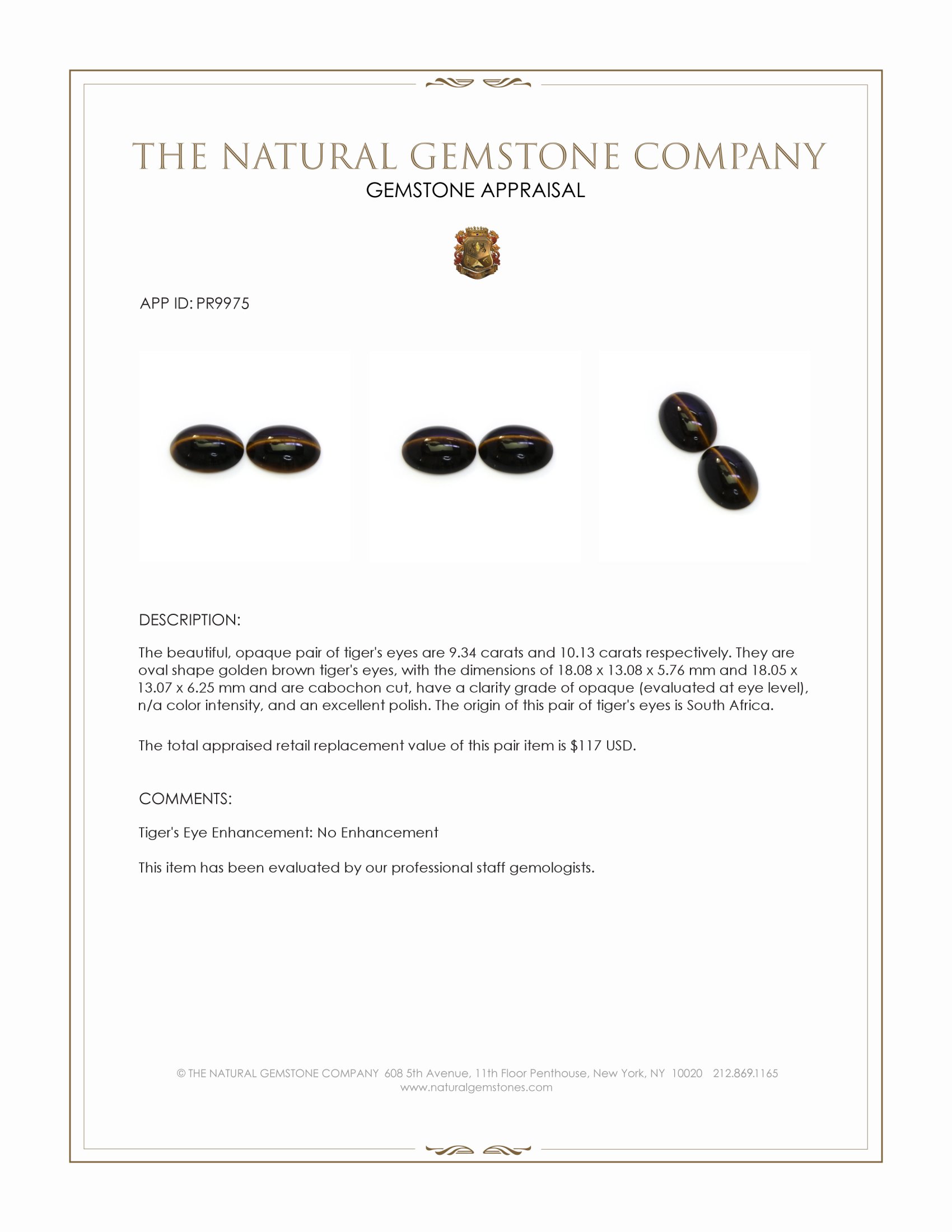 19.47 Ct.Tw. Cabochon Tiger's Eye Pair from South Africa