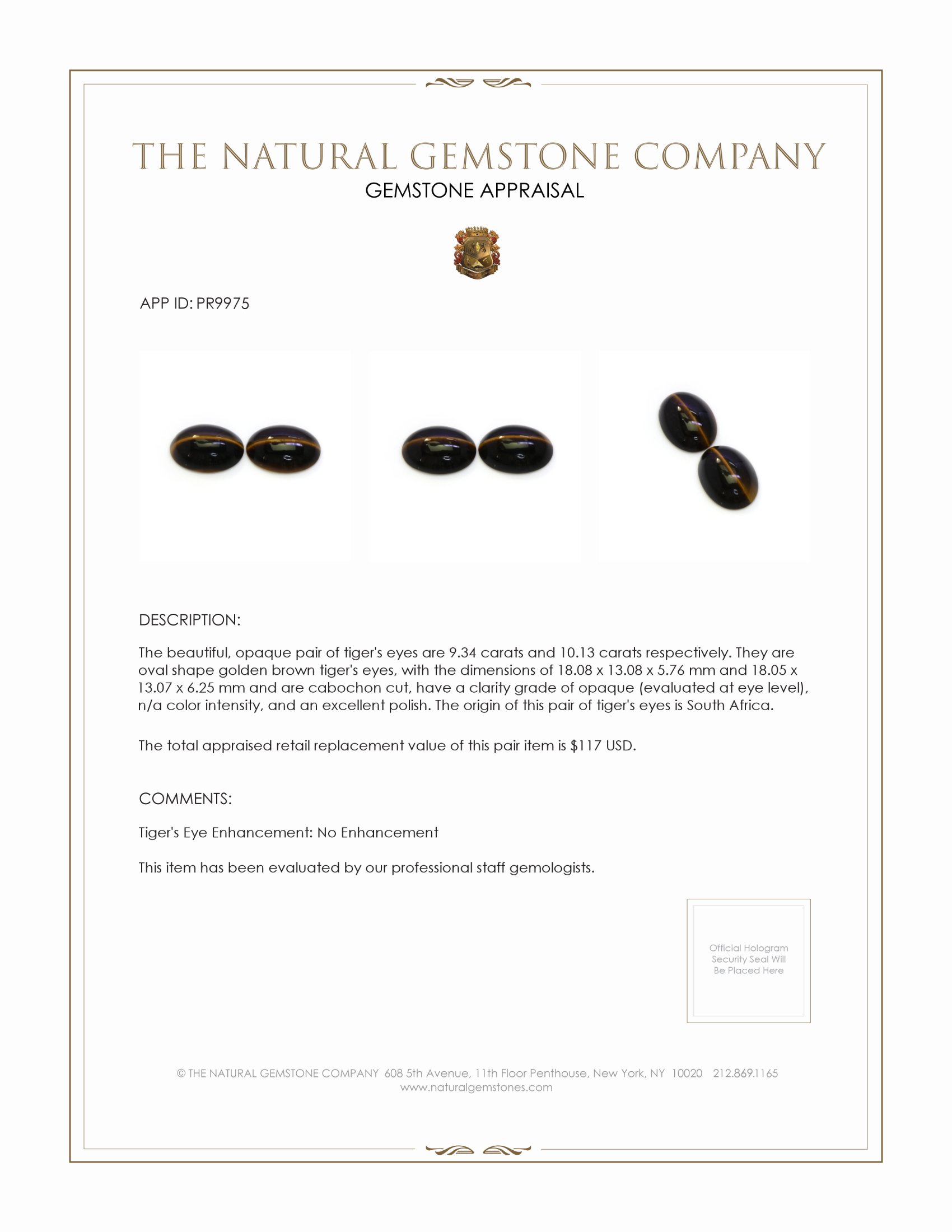 19.47 Ct.Tw. Cabochon Tiger's Eye Pair from South Africa