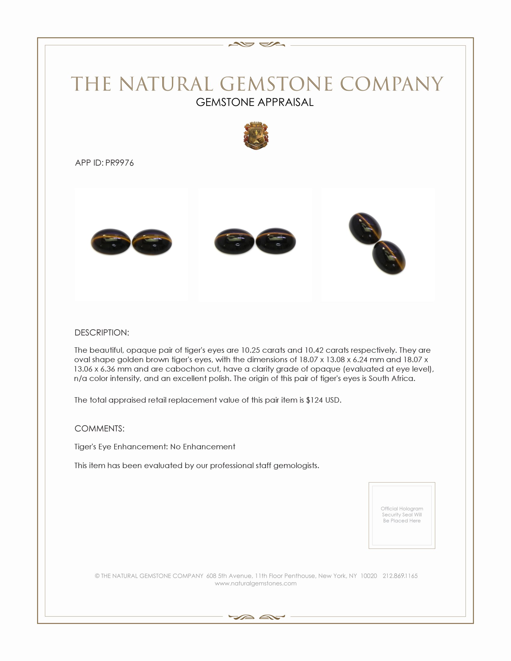 20.67 Ct.Tw. Cabochon Tiger's Eye Pair from South Africa