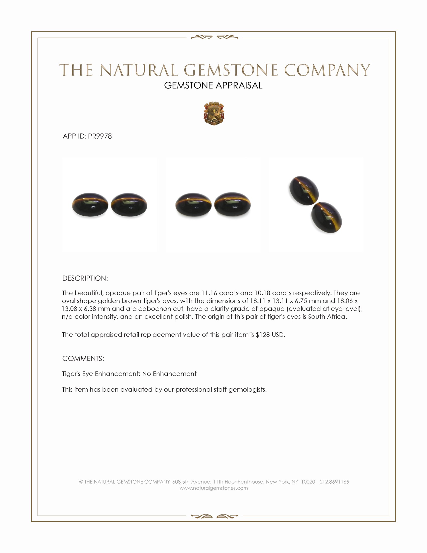 21.34 Ct.Tw. Cabochon Tiger's Eye Pair from South Africa
