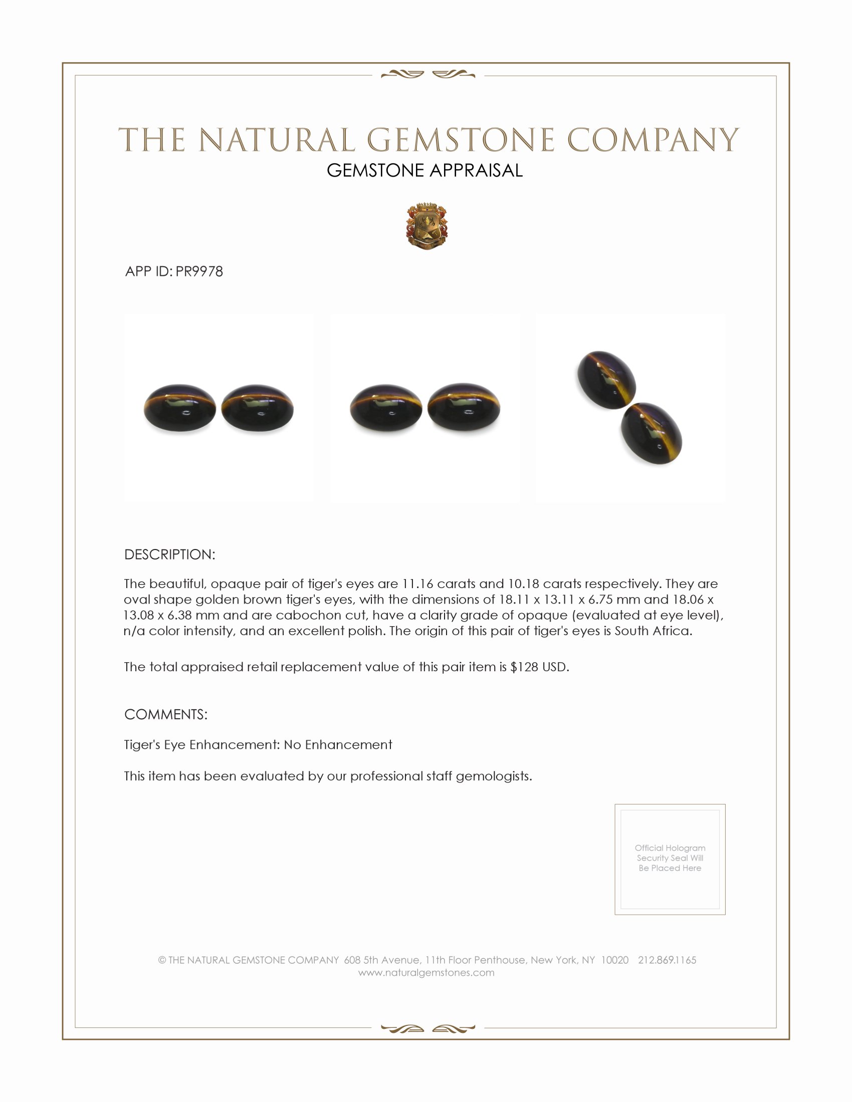 21.34 Ct.Tw. Cabochon Tiger's Eye Pair from South Africa