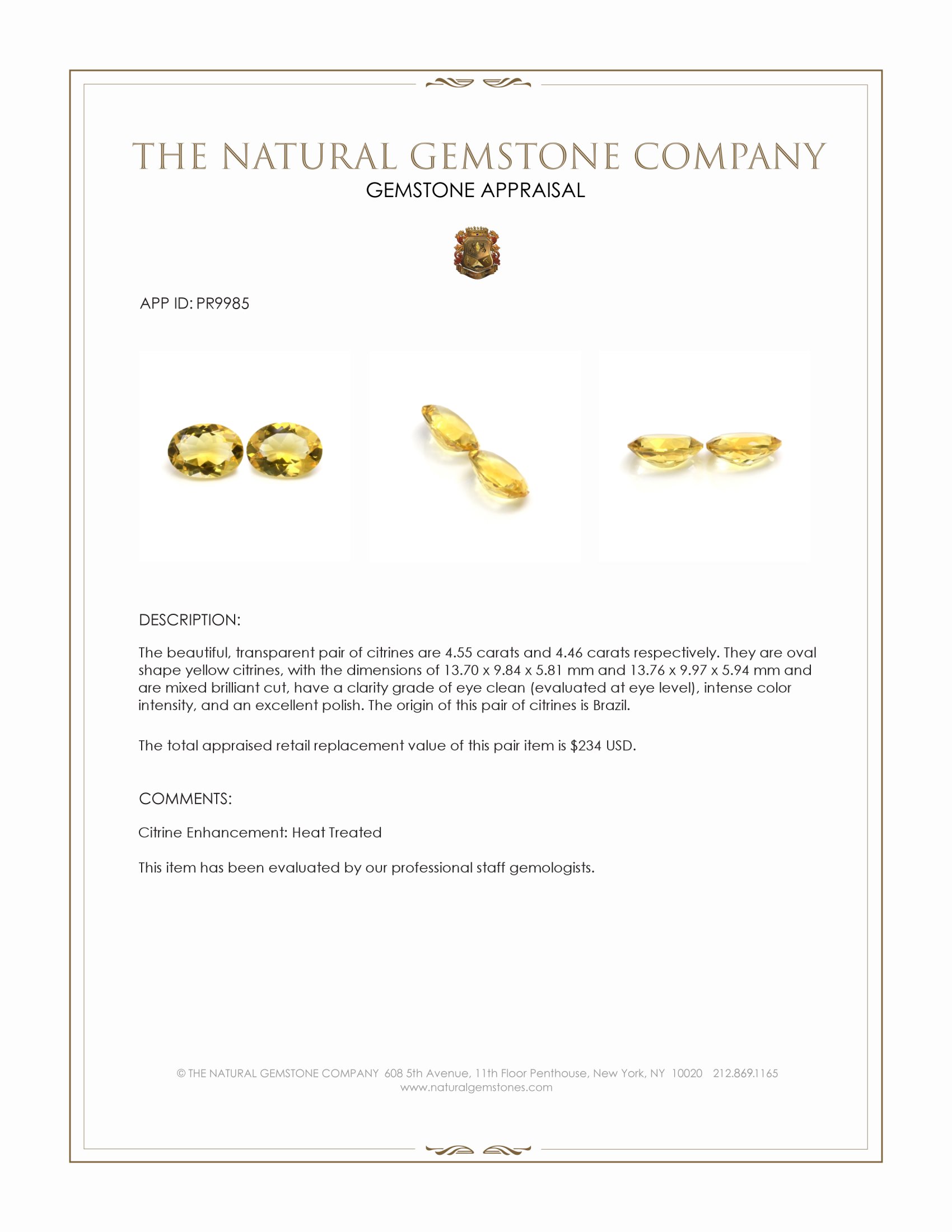 9.01 Ct.Tw. Yellow Citrine Pair from Brazil