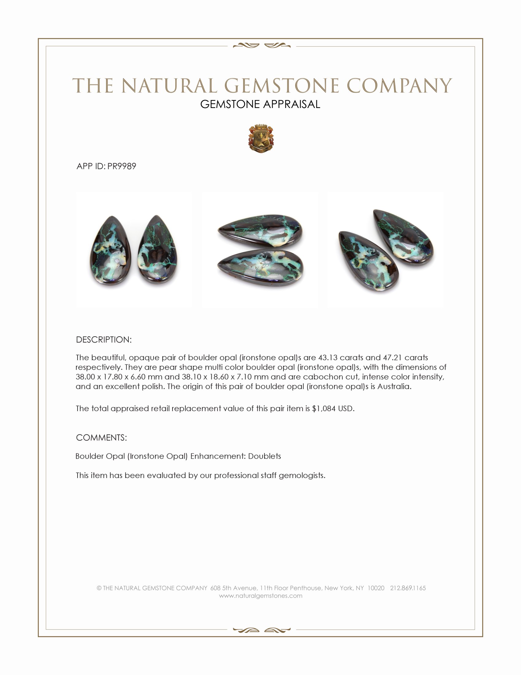 90.34 Ct.Tw. Multi Color Cabochon Boulder Opal (Ironstone Opal) Pair from Australia
