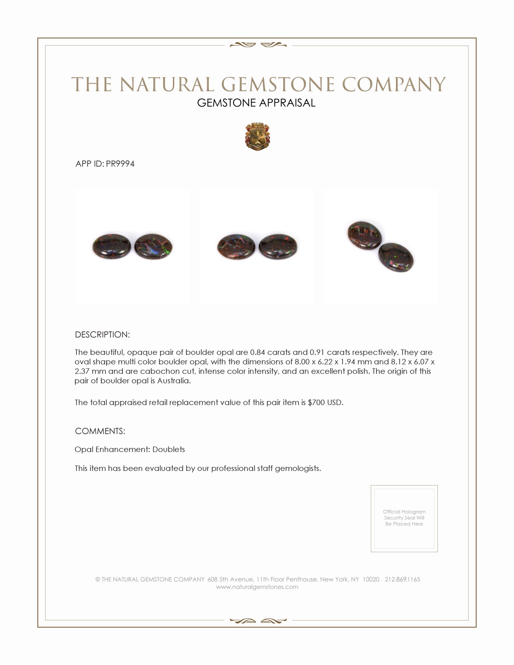 1.75 Ct.Tw. Cabochon Opal Pair from Australia