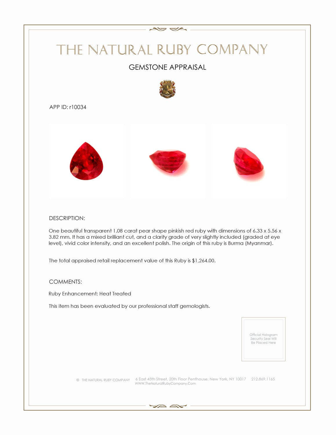 1.08 Ct. Ruby from Burma (Myanmar)