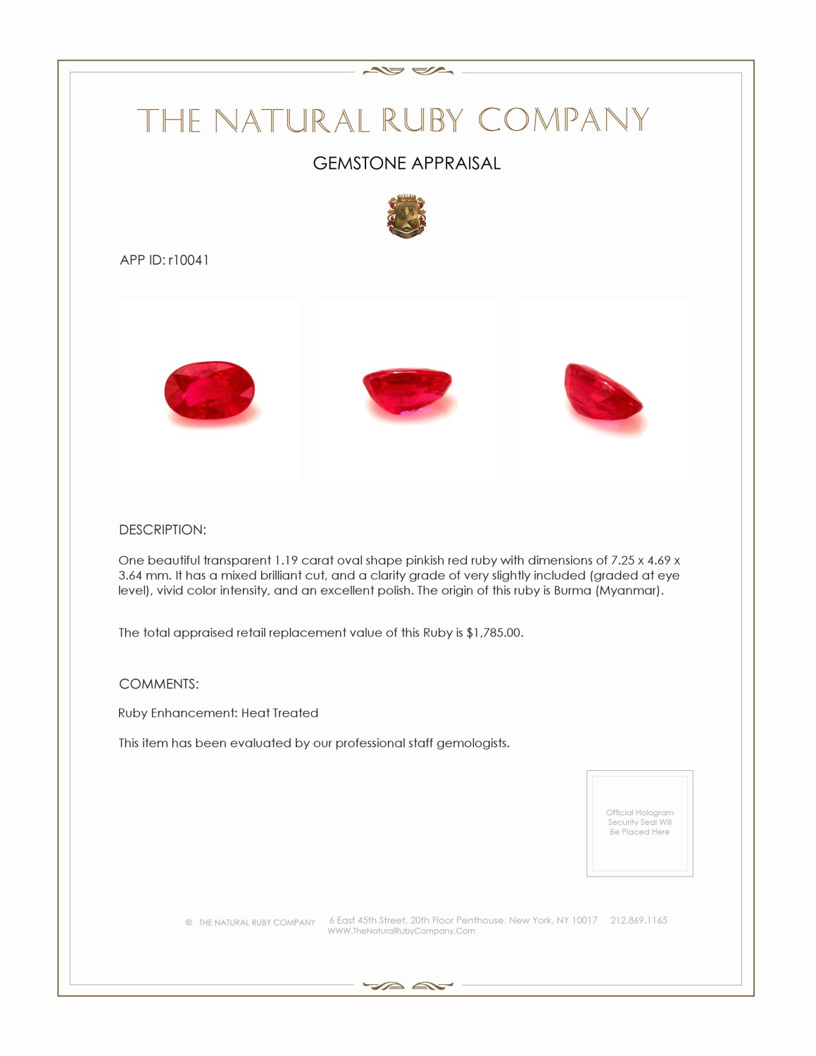 1.19 Ct. Ruby from Burma (Myanmar)