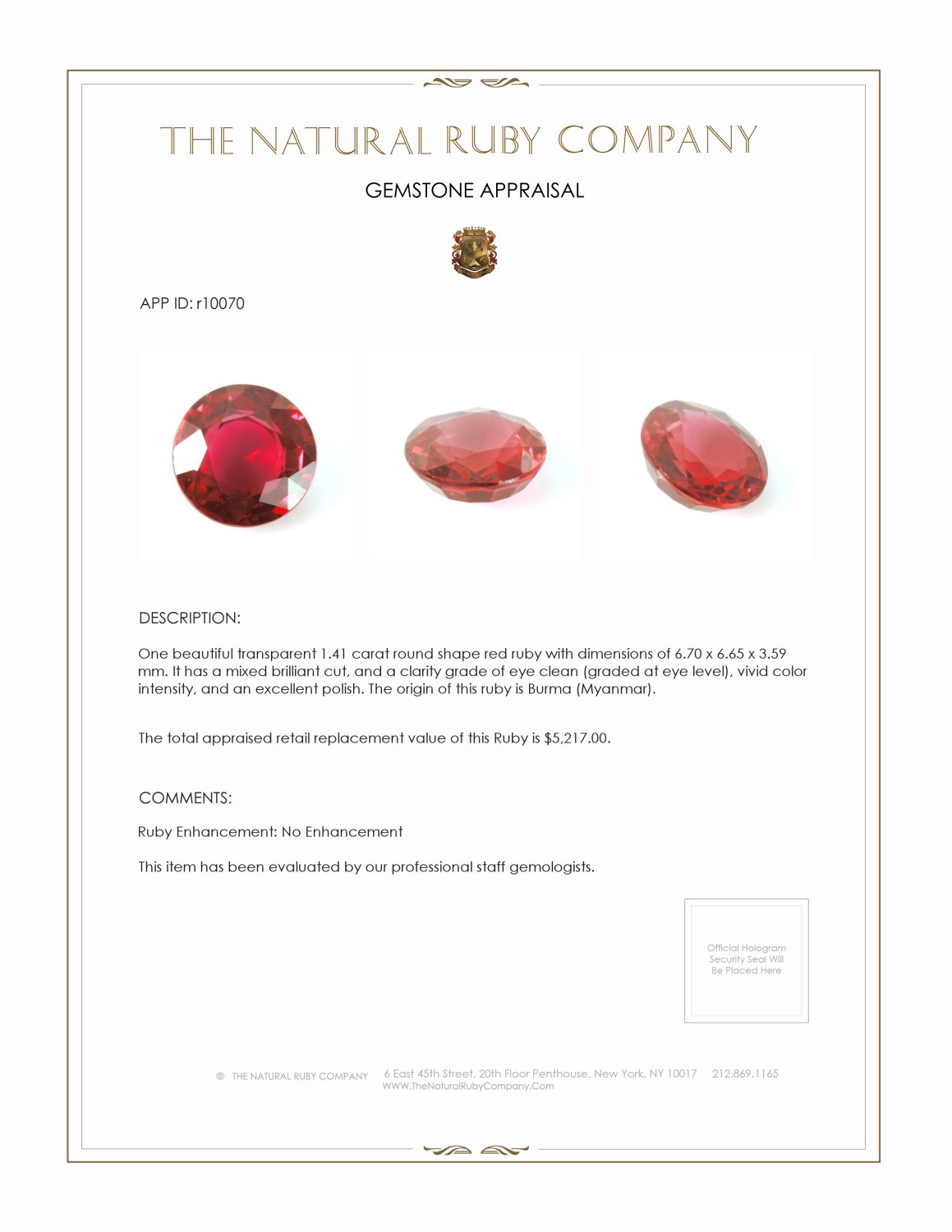 1.41 Ct. Ruby from Burma (Myanmar)
